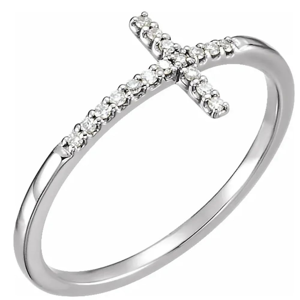 14K White Gold Sideways Cross Diamond Ring for Women - Elegant Religious Jewelry Gift for Christmas, Baptism & Weddings
