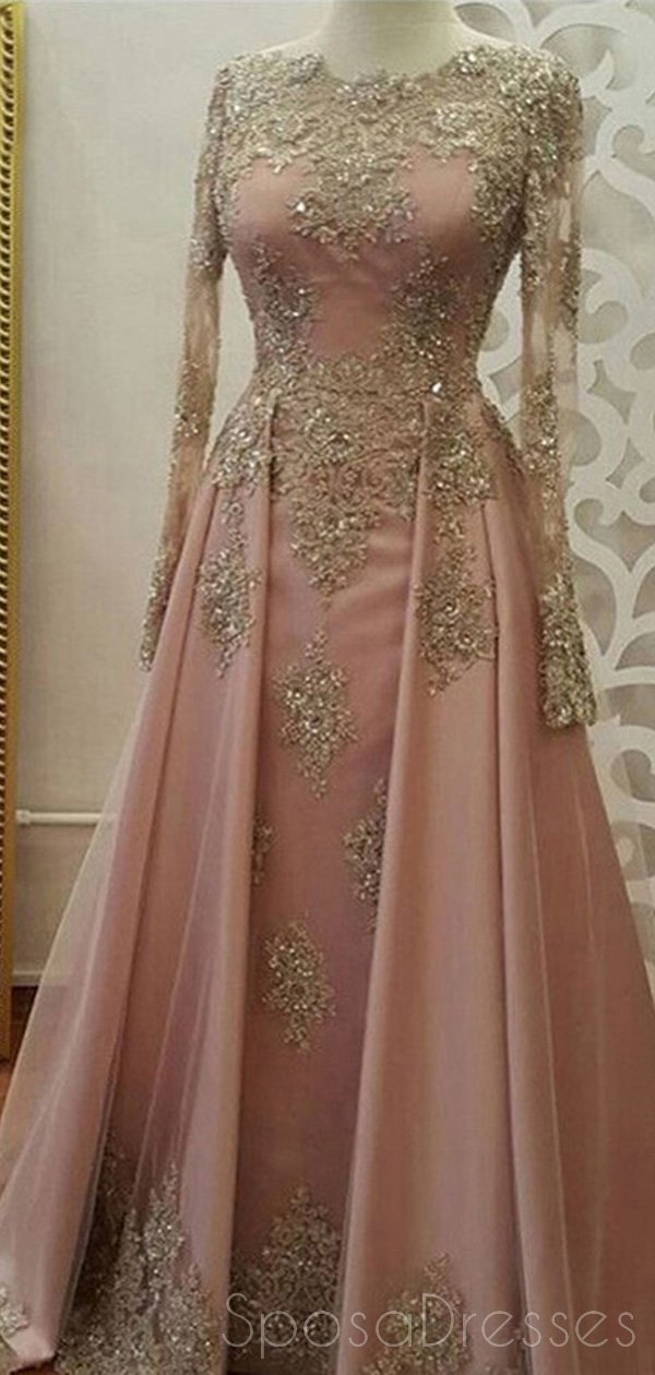 Elegant Long Sleeve Gold Lace Beaded Pink Evening Prom Dress for Sweet 16 | Formal Gown for Homecoming, Ball, Quinceañera & Special Occasions
