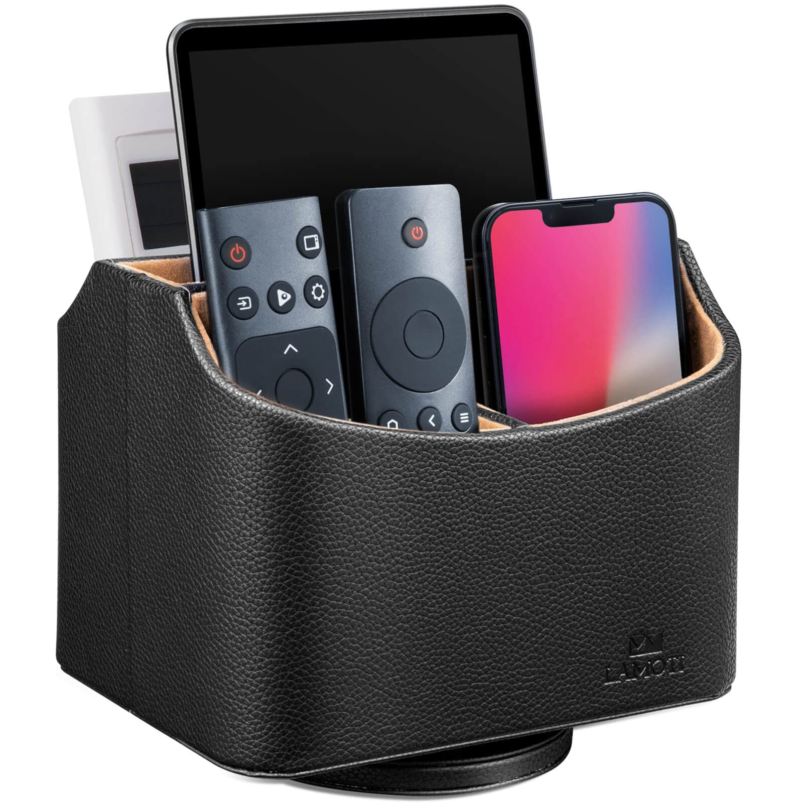 LAMOTI 360° Rotating Leather Remote Control Holder & Desk Organizer - Universal TV Remote Caddy with 5 Compartments for Phones, Tablets, Pens, Glasses - Perfect for Living Room, Bedroom & Office (Black)
