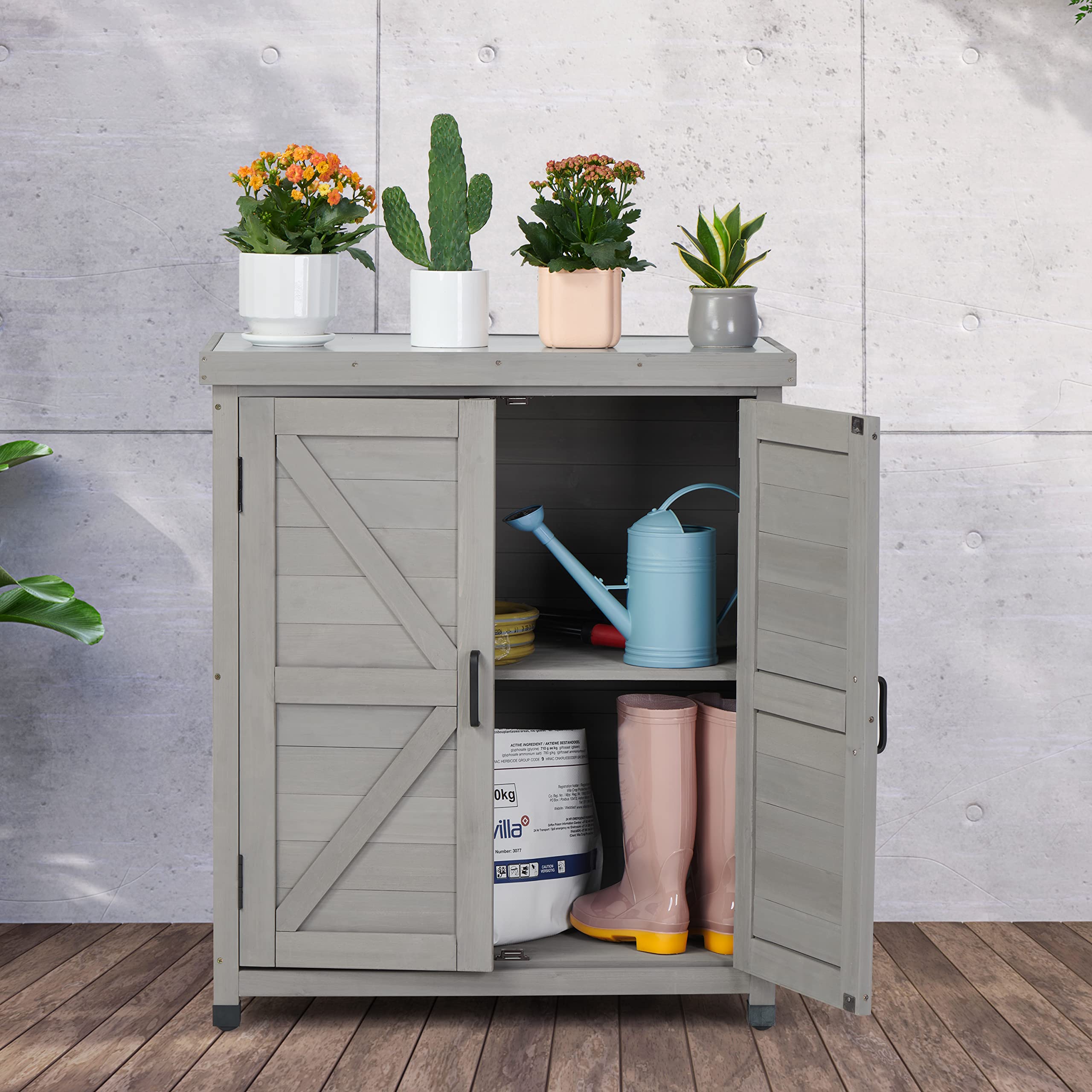 Outdoor Storage Cabinet & Potting Bench with Metal Top - 36x31x17in Classic Grey Wooden Patio Furniture for Gardening, Organizing Tools & Outdoor Workspace - Perfect for Backyard, Garden Shed & Greenhouse Use