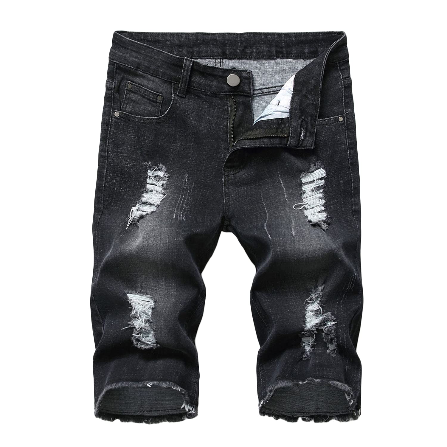 Vintage Washed Distressed Men's Ripped Denim Shorts - Classic Fit Knee-Length Straight Leg Casual Jean Shorts (Black, Size 30) - Perfect for Summer Outfits, Beach Trips & Streetwear Fashion
