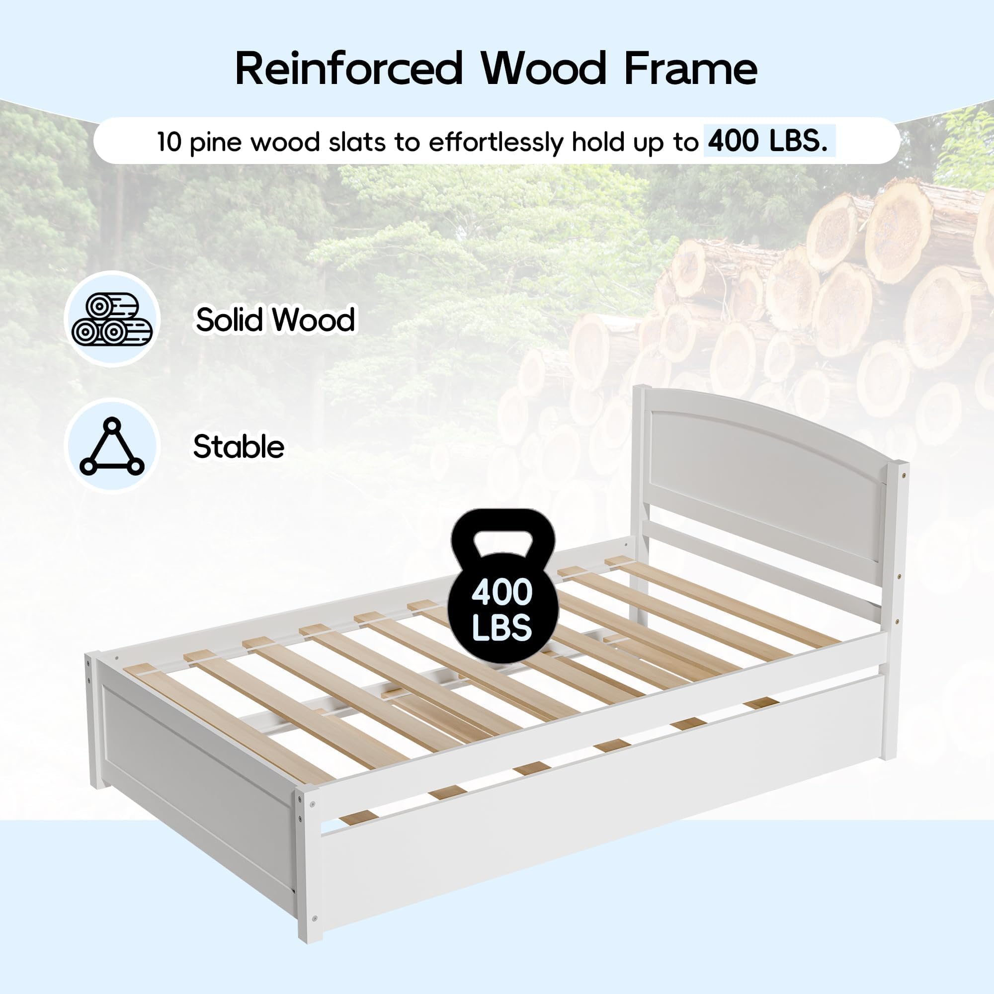 Solid Wood Twin Size Daybed with Trundle - Pull Out Extendable Guest Bed with Slat Support (White) - Perfect for Small Spaces, Guest Rooms & Dorm Rooms