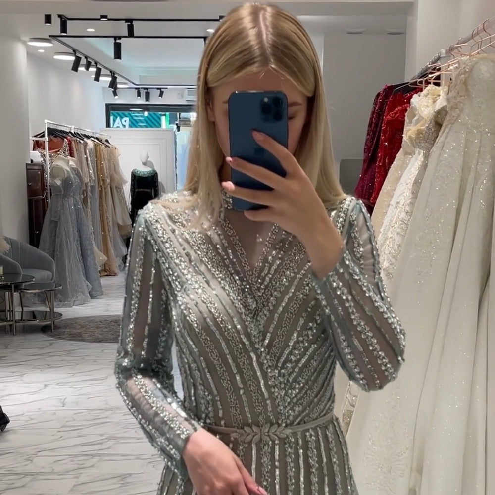 Luxury Muslim Turquoise Beaded A-Line Evening Gown for Women - Dubai Style Long Dress for Wedding, Party & Special Occasions 2025 | Elegant Formal Wear for Brides, Prom & Evening Events