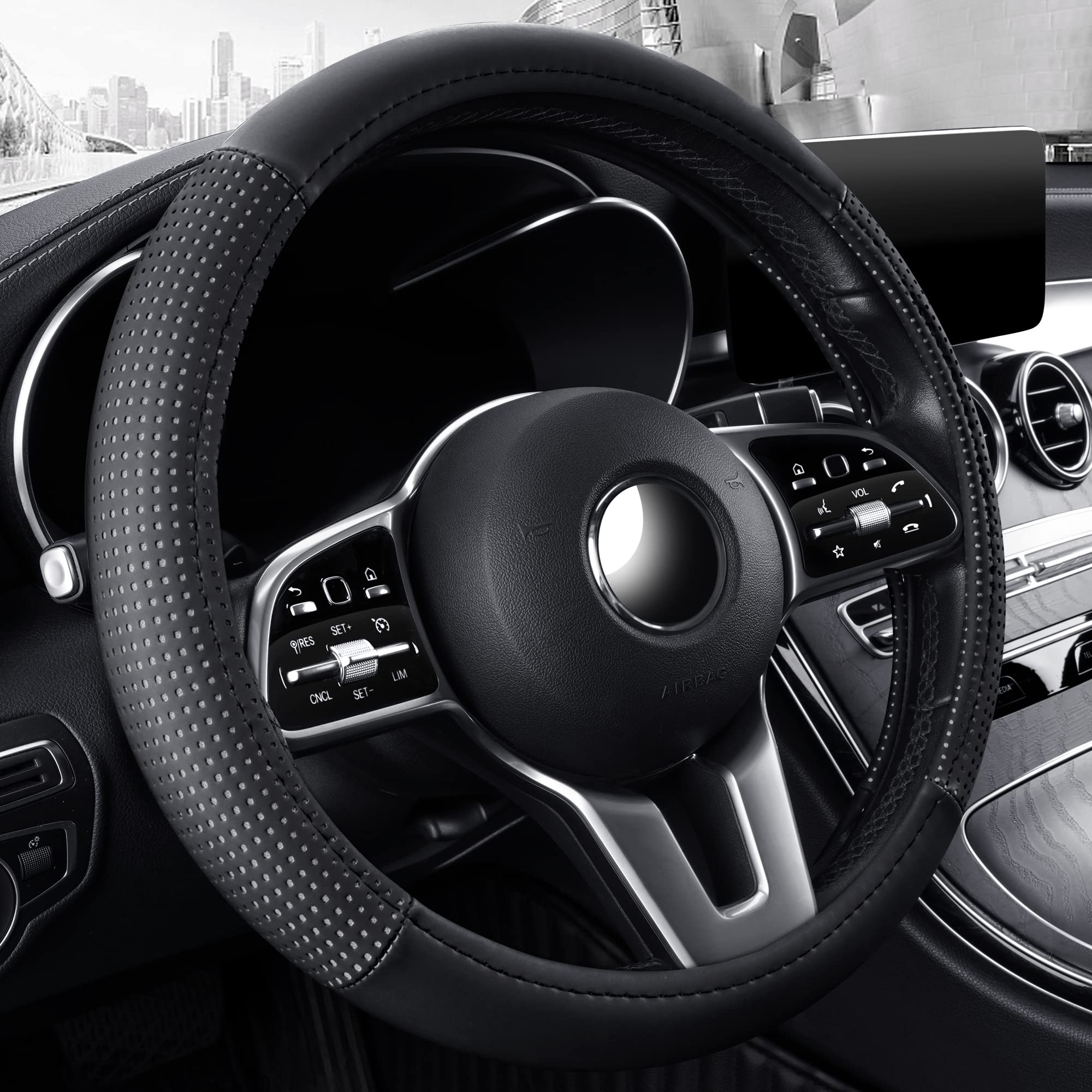 Universal 15 Inch PU Leather Car Steering Wheel Cover - Anti-Slip, Stylish Black with White Dots Design for Comfort & Grip - Perfect for Daily Commute & Long Road Trips