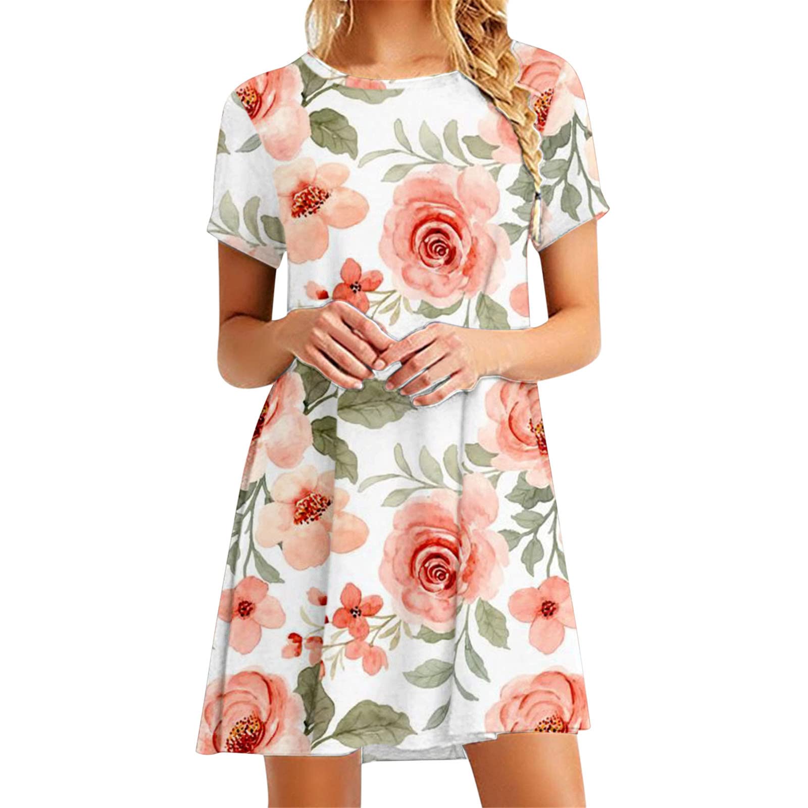 WANYNG Women's Summer Floral Print Midi Dress - Casual Elegant Short Sleeve Loose Fit Dress for Beach, Vacation, Party & Daily Wear