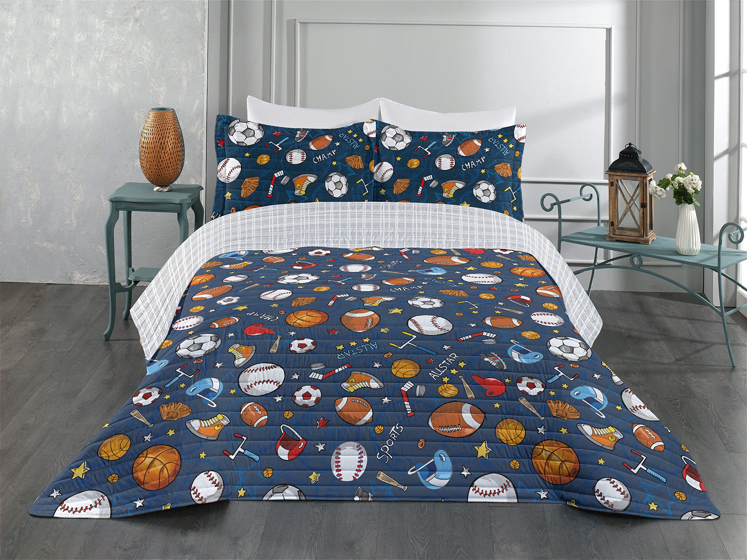 Ambesonne Reversible Sports Bedspread Set - Basketball Baseball Football Gloves Design on Dark Blue Background - Microfiber Comforter & Pillow Shams - Queen Size Bedding for Sports Fans - Perfect for Game Rooms, Dorm Decor and Sports Themed Bedrooms