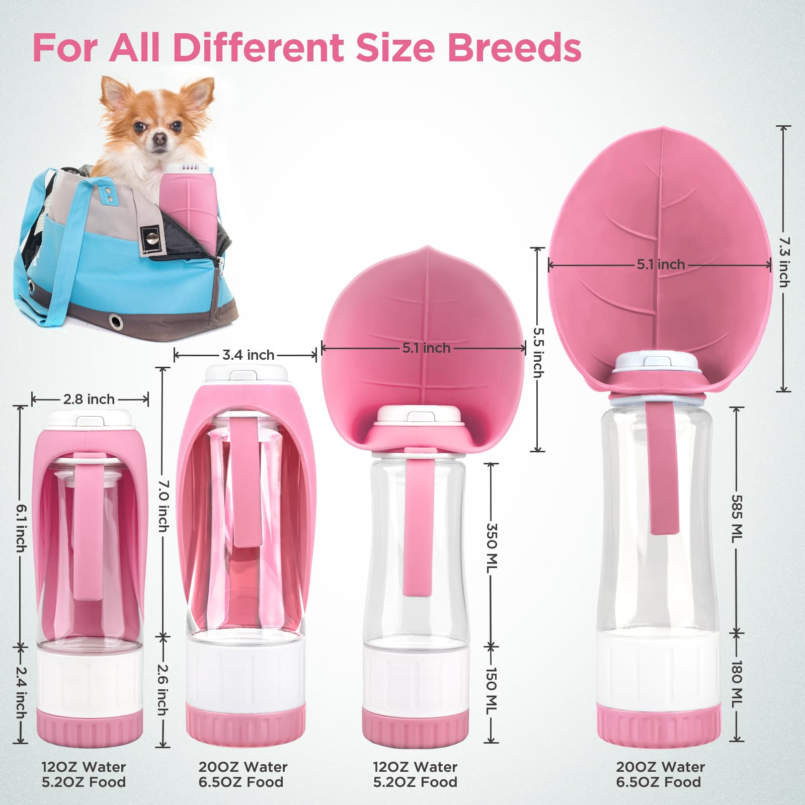 Portable Dog Water Bottle with Food Container - Leakproof BPA-Free Foldable Pet Water Dispenser & Drinking Feeder for Outdoor Walking, Hiking, Travel - Perfect for Dogs, Puppies & Pets on the Go (Large, Pink)
