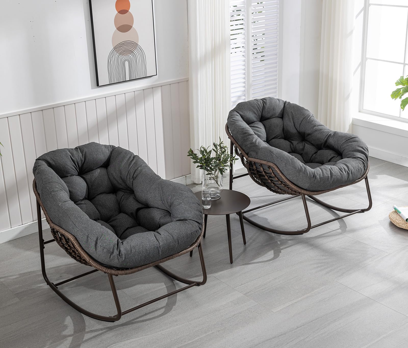 2-Piece Outdoor Rocking Chair Set - Oversized Wicker Egg Rockers with Thick Cushions, Modern Patio Lounge Chairs for Balcony, Porch, Garden & Backyard (Grey) | Perfect for Relaxing, Sunbathing & Outdoor Entertaining
