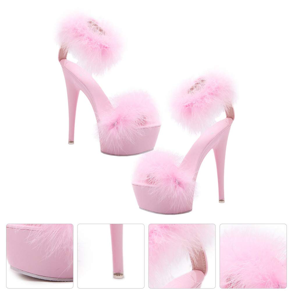 Happyyami Women's Fluffy Feather High Heel Sandals - Faux Fur Pointed Toe Fuzzy Slippers for Party, Wedding & Evening Events - Comfortable Clear Heel Dress Shoes for Women