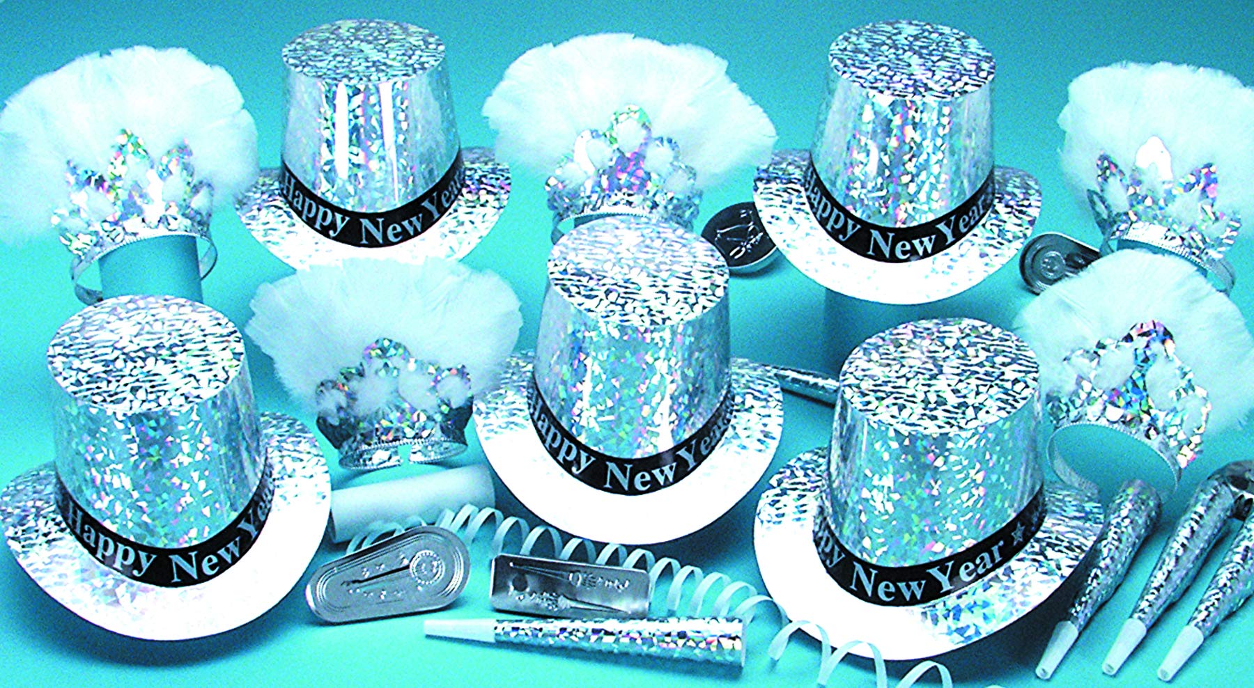 PMU New Year’s Eve Party Supplies Kit for 50 People - Premium Sterling Assortment with Decorations, Plates & Cups - Perfect for NYE Celebrations, Countdown Parties & Holiday Gatherings