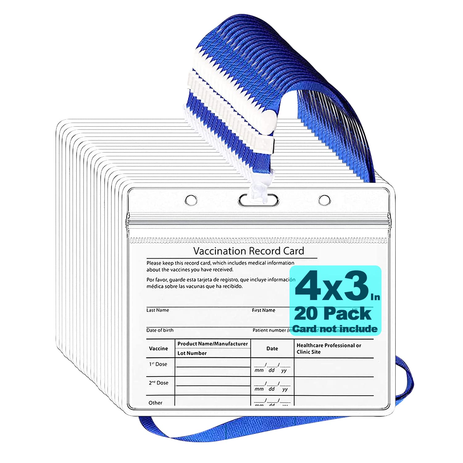 Waterproof CDC Vaccine Card Holder 3x4 with Lanyard - 20pcs for Travel & Events
