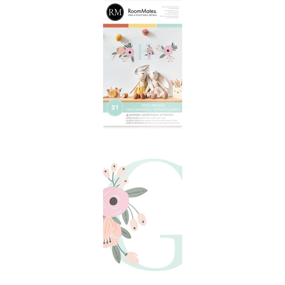 RoomMates RMK5153GM Floral Monogram Peel and Stick Giant Wall Decals - Self-Adhesive Wall Stickers for Bedroom, Nursery, Living Room Decor - Easy to Apply & Remove Home Decoration