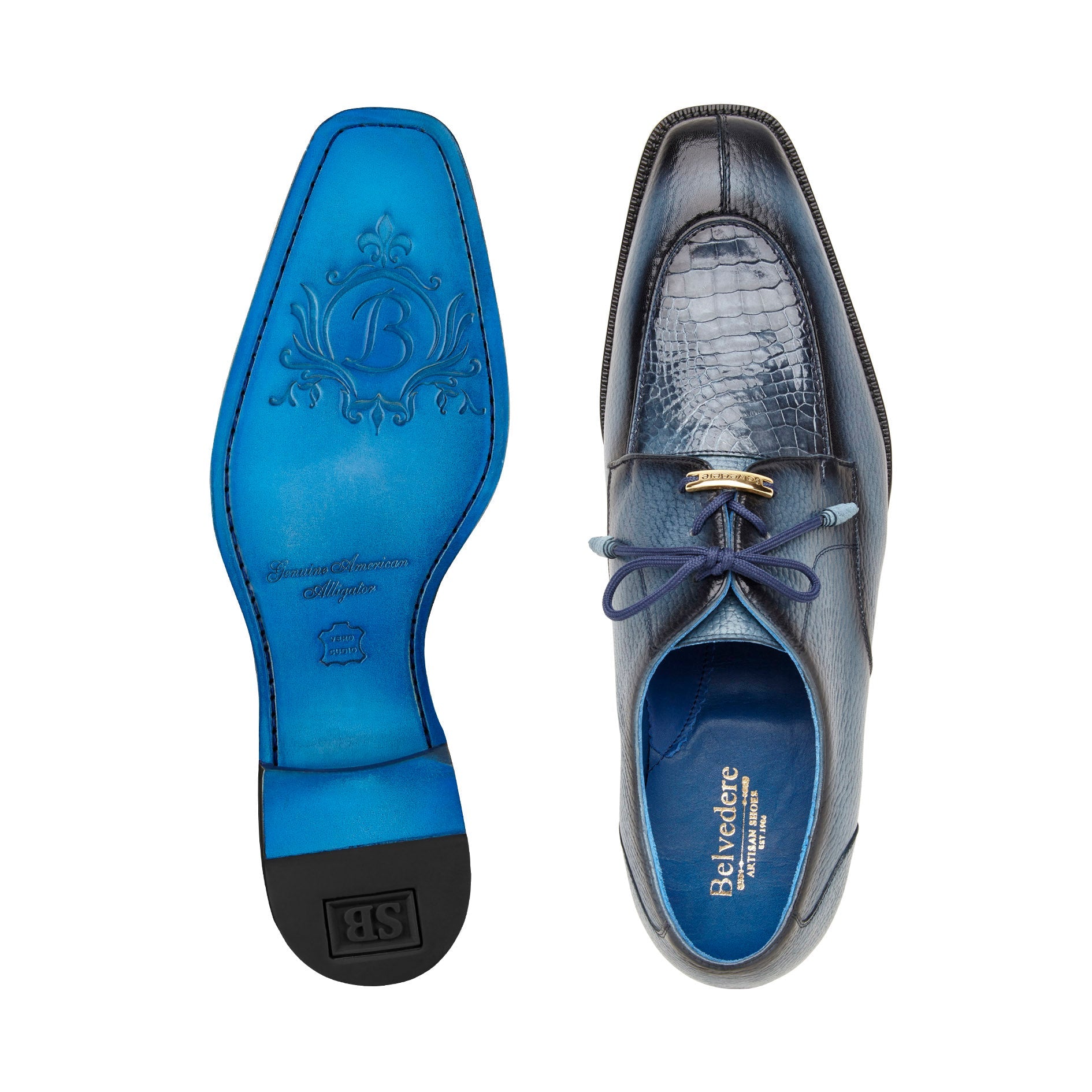 Belvedere Primo Genuine American Alligator & Pebble Grain Calf Leather Dress Shoes - Antique Blue Safari Style R83 - Perfect for Business Meetings & Formal Occasions
