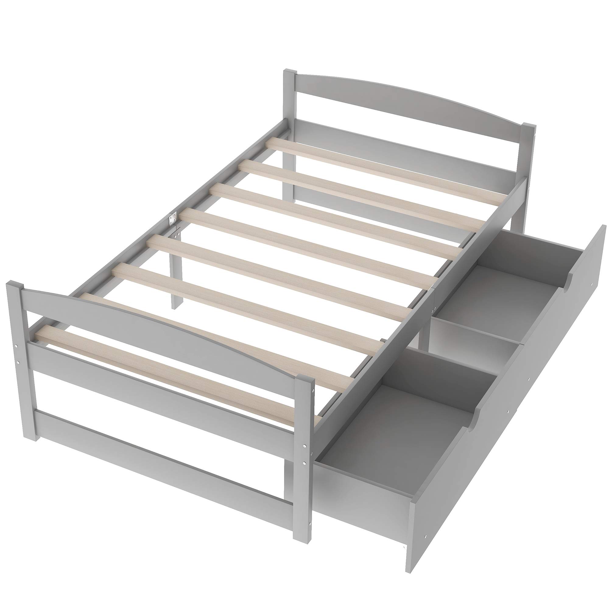 Rhomtree Twin Size Wooden Platform Bed Frame with Headboard & 2 Storage Drawers - Grey - Modern Bedroom Furniture for Small Spaces & Guest Rooms
