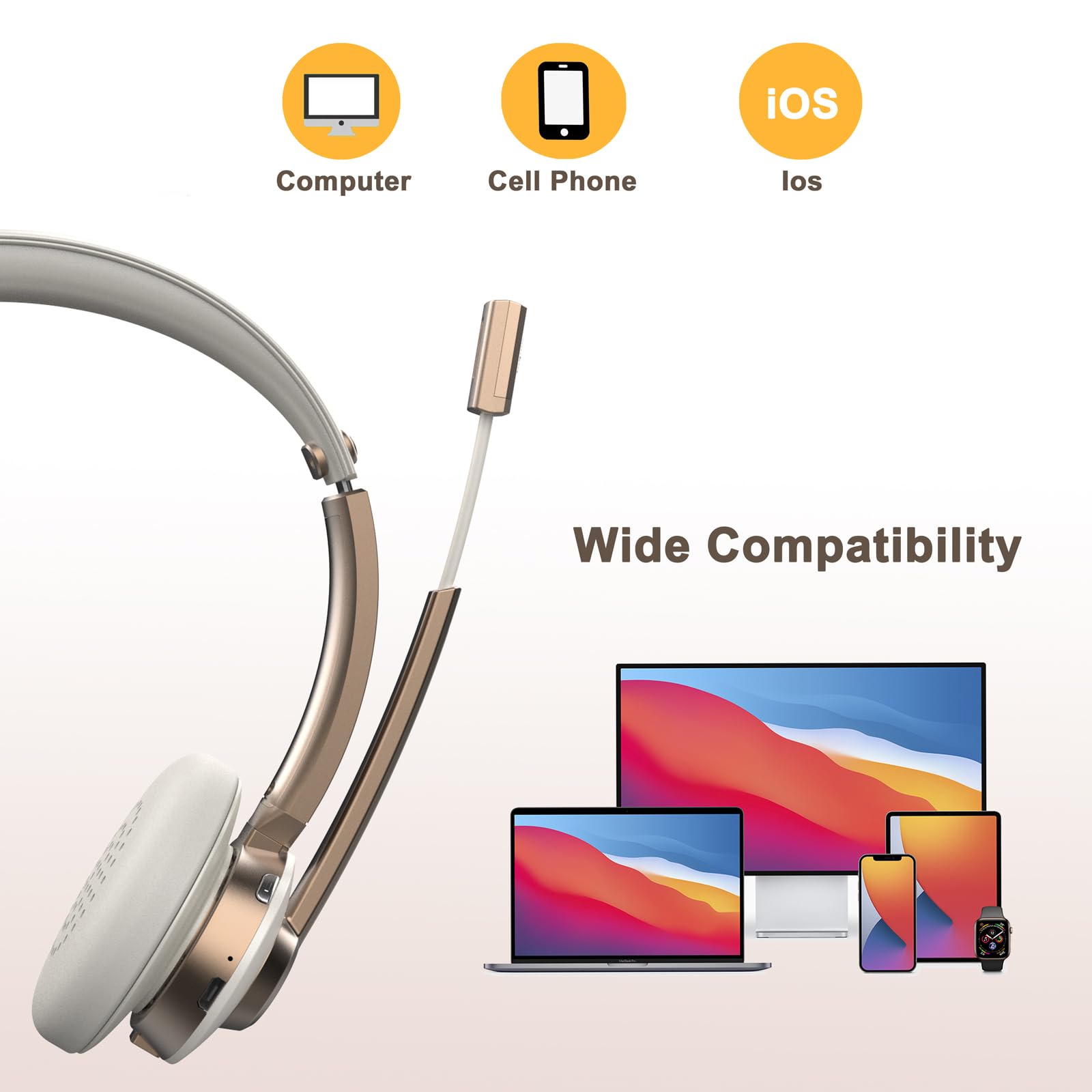 Wireless Bluetooth Headset with Noise Cancelling Microphone - 26 Hours Talk Time, On-Ear Headphones with Mic Mute Function for Mac, Laptop, Zoom, Teams - Perfect for Call Centers, Home Office, Remote Work & Online Meetings (Gold)