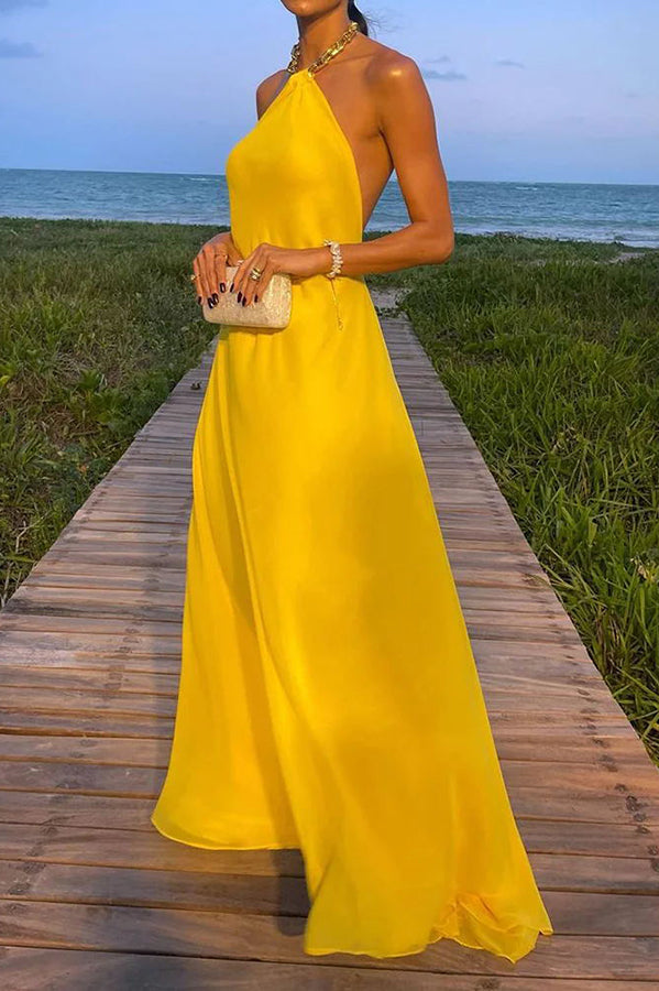 Santorini Vacation Maxi Dress - Backless A-Line Halter Dress with Metal Chain Detail | Perfect for Beach Weddings, Summer Getaways & Boho Fashion
