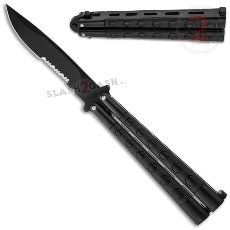 Premium Jaguar Butterfly Knife - Heavy Duty Taiwan Balisong with Inserts, Black Serrated Blade for EDC, Flipping Tricks & Collector's Display