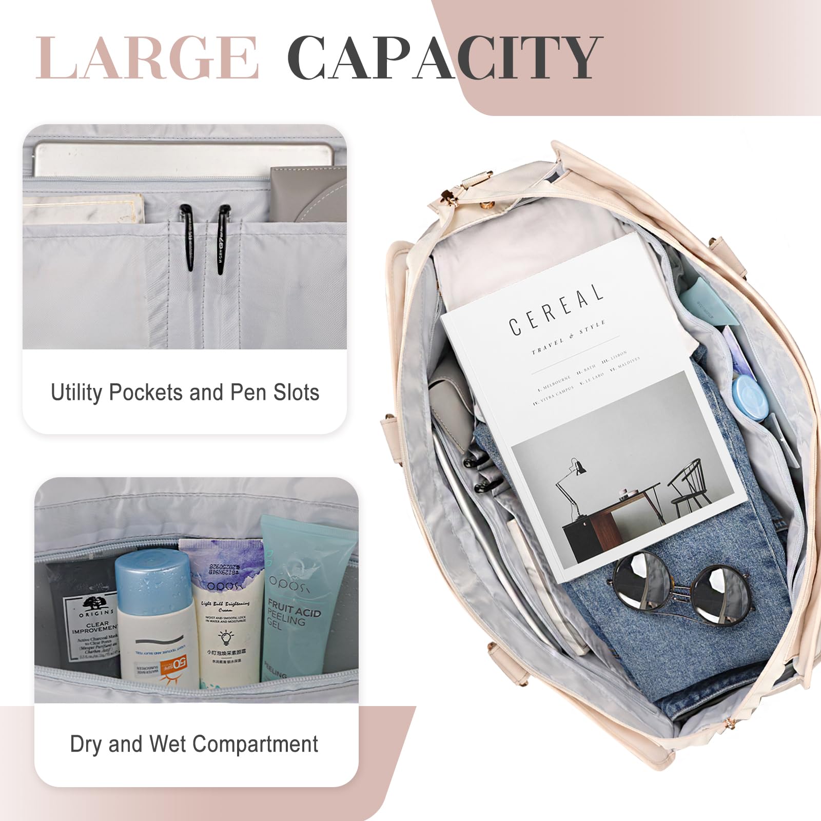 BOLOSTA Large Weekender Bag for Women with Shoe Compartment & Wet Pocket - Spacious Carry-On Overnight Duffle Tote with Toiletry Bag - Perfect for Travel, Gym, Business Trips & Weekend Getaways - Beige