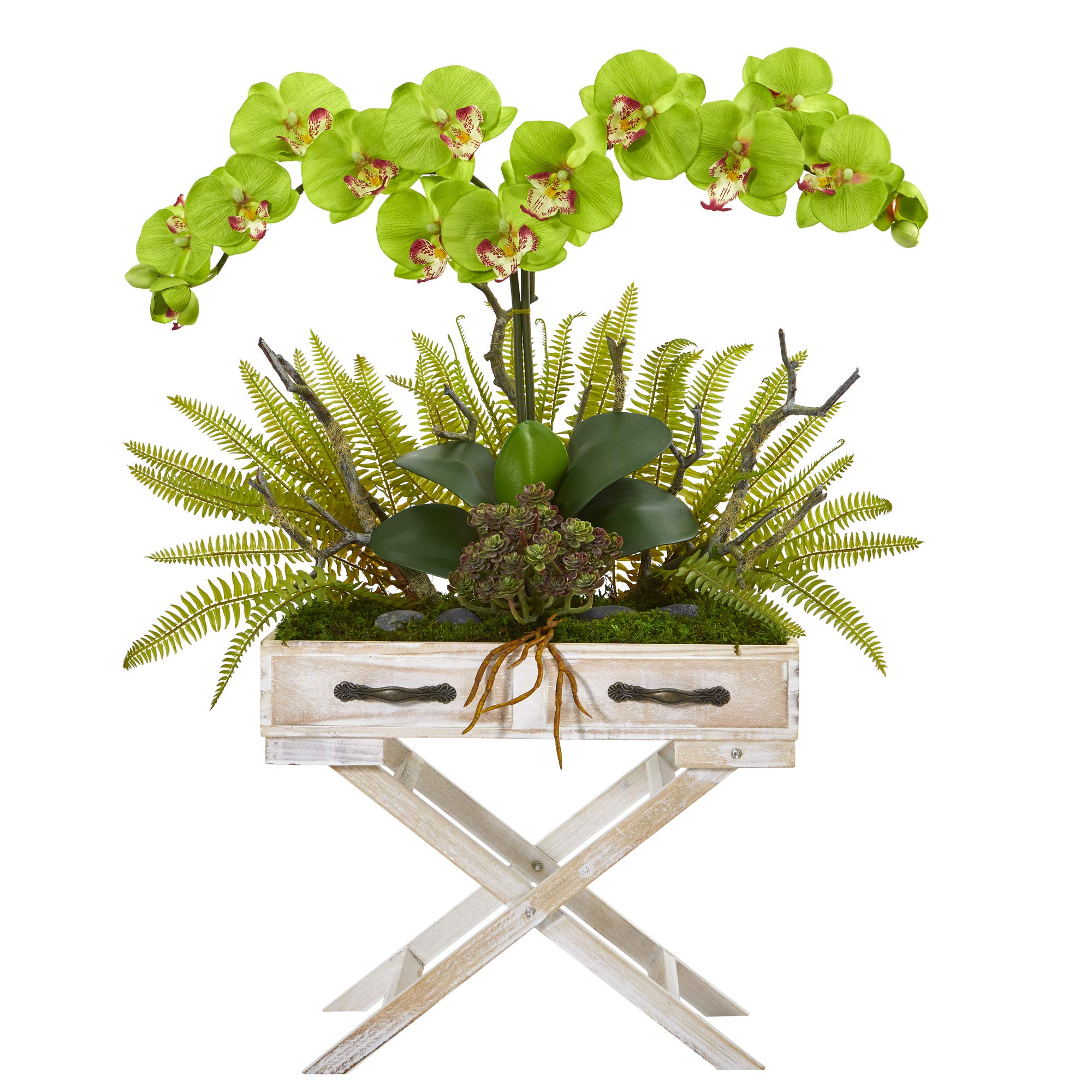 Nearly Natural 26 Inch Artificial Phalaenopsis Orchid with Fern and Succulent Silk Flower Arrangement in Drawer Planter - Perfect for Home Office Decor, Wedding Centerpieces, and Indoor Greenery Displays