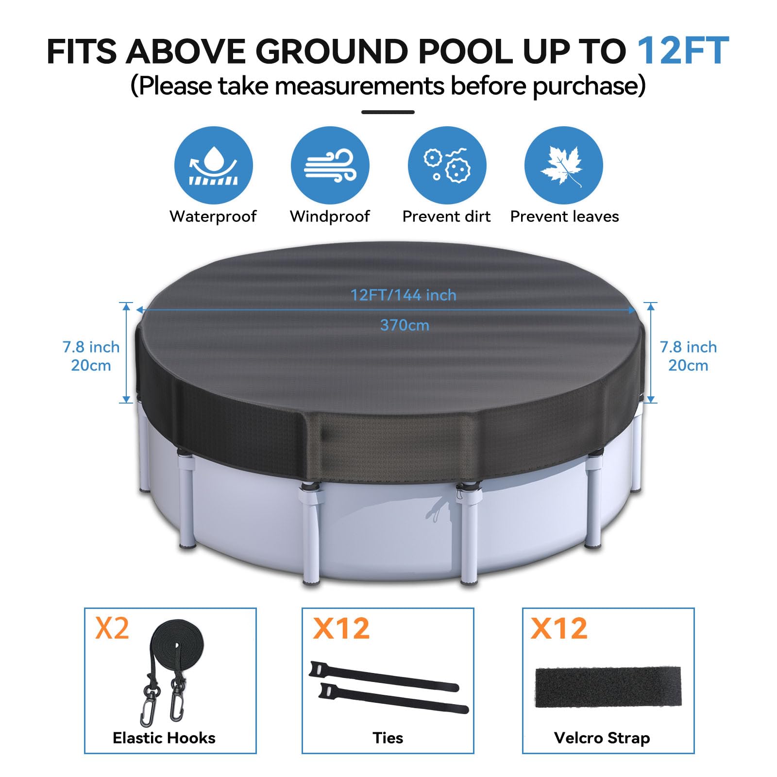 12 ft Round Winter Pool Cover for Metal Frame Above Ground Pools - Heavy Duty Windproof Design Fits Intex/Bestway Frame Pools - Durable Outdoor Swimming Pool Cover (Black) - Perfect for Winter Protection and Year-Round Debris Prevention