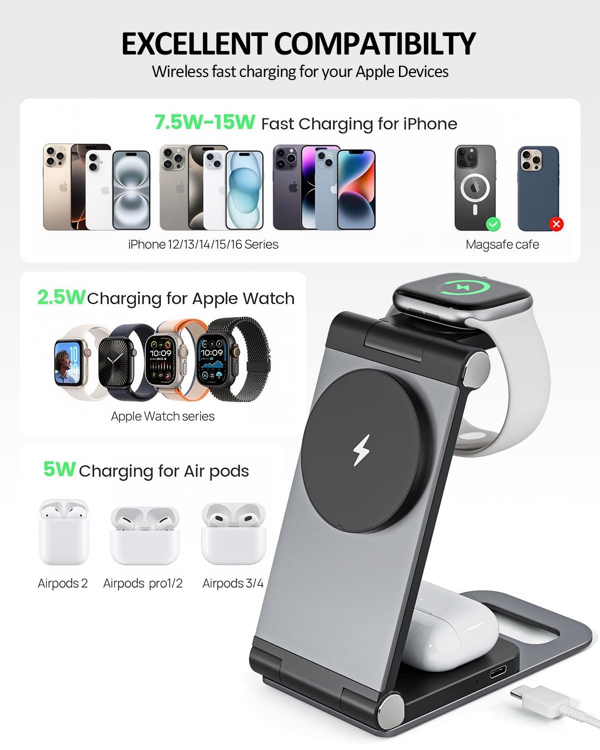 15W Fast Wireless Charger with Sleep-Friendly Adaptive Light - Compatible with iPhone 16/15/14/13/Pro/XS/8 Plus, Samsung Galaxy S23/S22/S21/Note 20, Google Pixel - Black | Perfect for Bedside, Office & Travel Charging