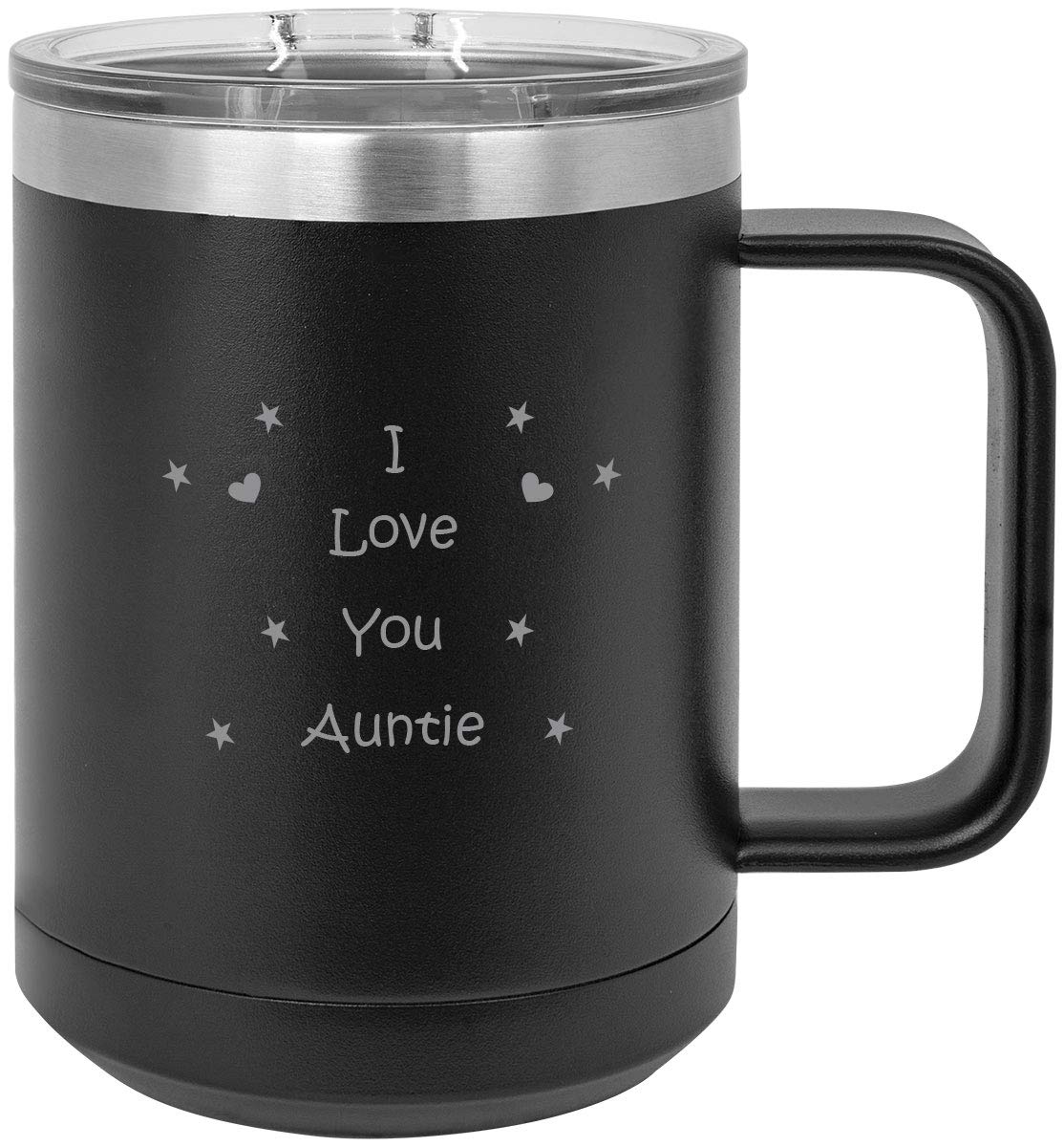 Stainless Steel Vacuum Insulated 15oz Travel Coffee Mug with Slider Lid - Engraved 'I Love You Auntie' Gift - Black - Perfect for Commuting, Office & Outdoor Adventures