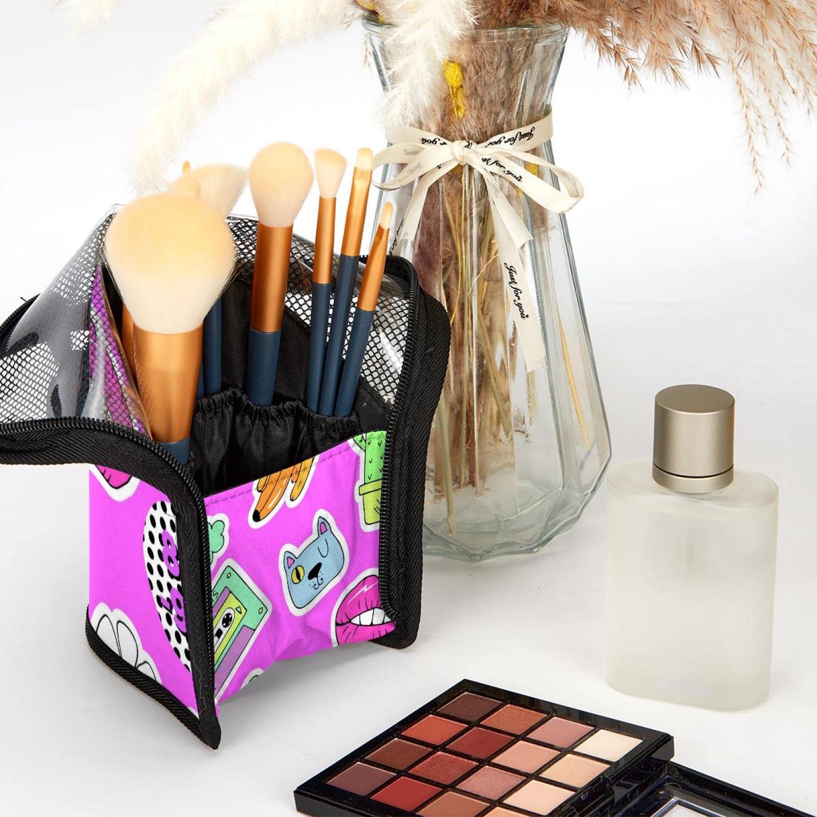12-Piece Makeup Brush Organizer Bag with Portable Holder Case - Pink Lips Ice Cream Cat Design | Perfect for Travel, Home Vanity & Professional Makeup Artists