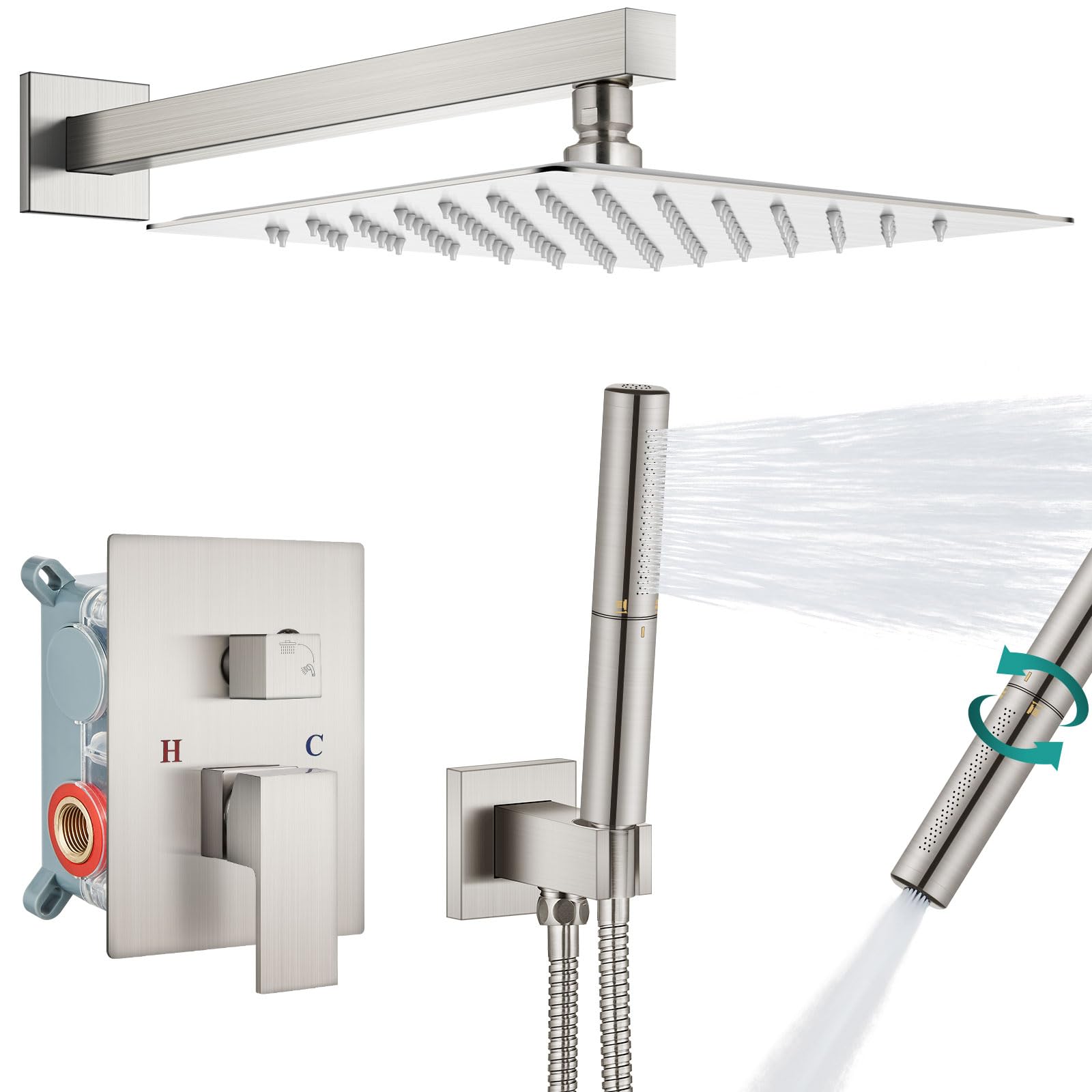 Aolemi 10 Inch Rainfall Shower System with High Pressure Shower Head & Handheld Spray - Brushed Nickel Wall Mount Shower Faucet Set for Spa-Like Bathroom Experience - Perfect for Master Bath & Luxury Home Renovation