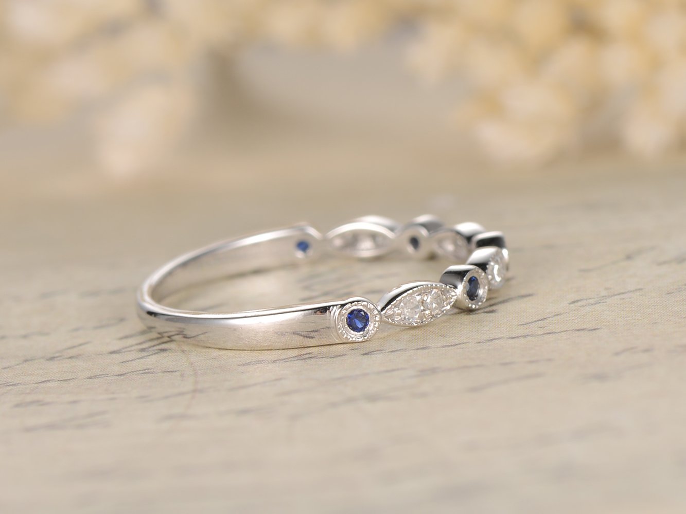 14K White Gold Sapphire Diamond Wedding Band - Half Eternity Bezel Set Ring with Milgrain Detailing | Art Deco Inspired Bridal Jewelry for Engagement, Anniversary & Special Occasions