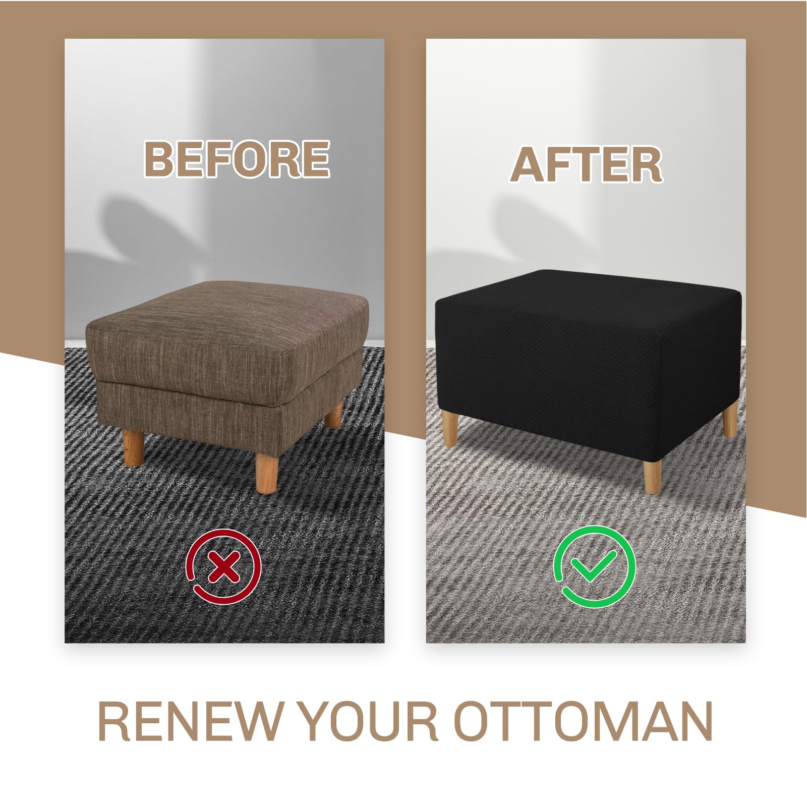JIVINER Rectangle Stretch Ottoman Slipcover - Soft Furniture Protector with Elastic Bottom for Folding Storage Footstool (Large, Black) | Perfect for Living Room, Bedroom & Home Decor