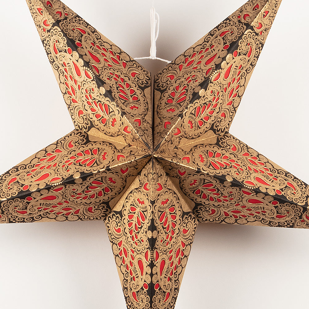 24 Gold, Red & Black Paisley Paper Star Lanterns - Hanging Decorative Lights for Party, Wedding, Festival & Home Decor