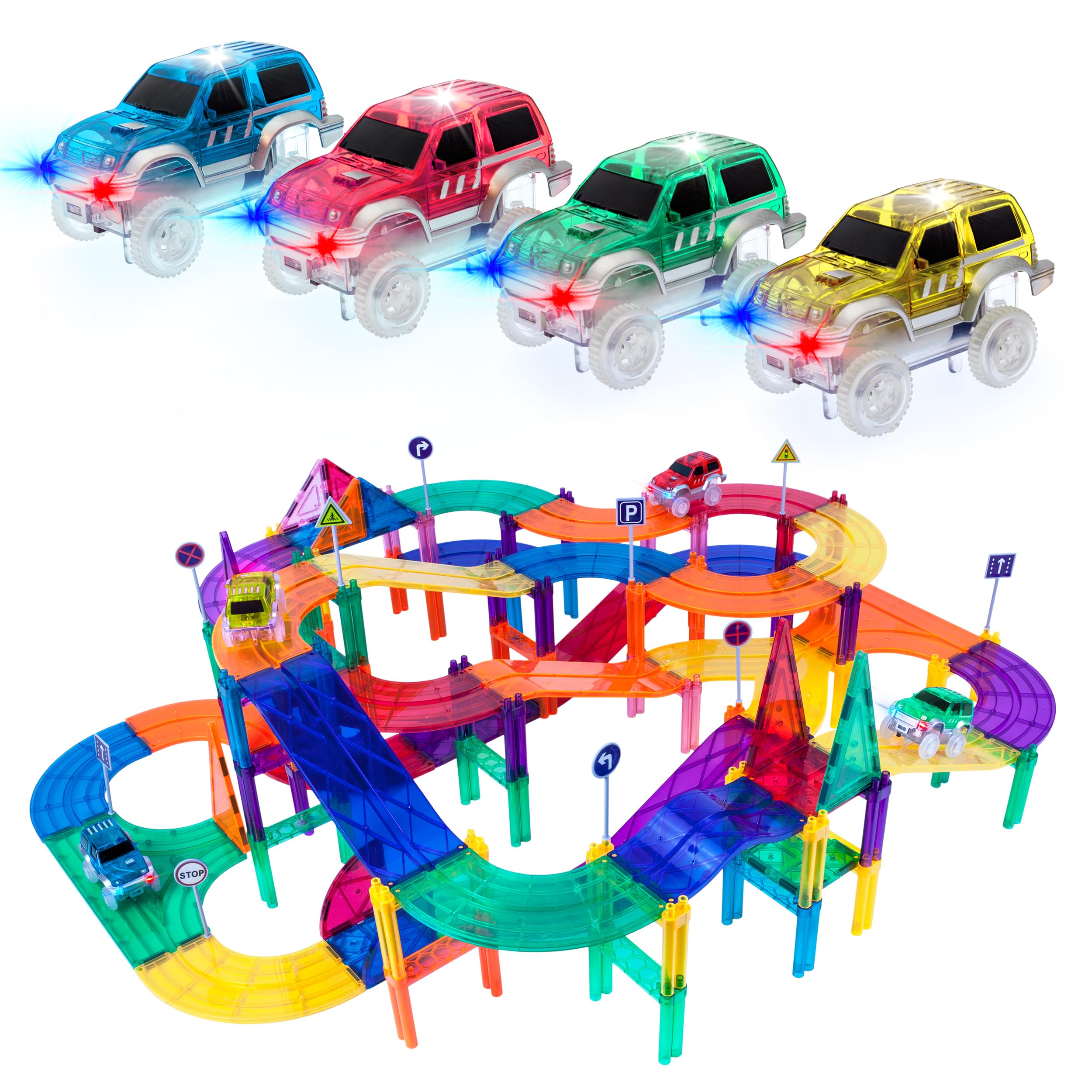 PicassoTiles 150 Piece Magnetic Race Car Track Building Blocks - STEM Educational Construction Toy Set with 4 Cars for Kids, Early Learning, Brain Development & Motor Skills | Perfect for Classroom, Birthday Gifts & Creative Play