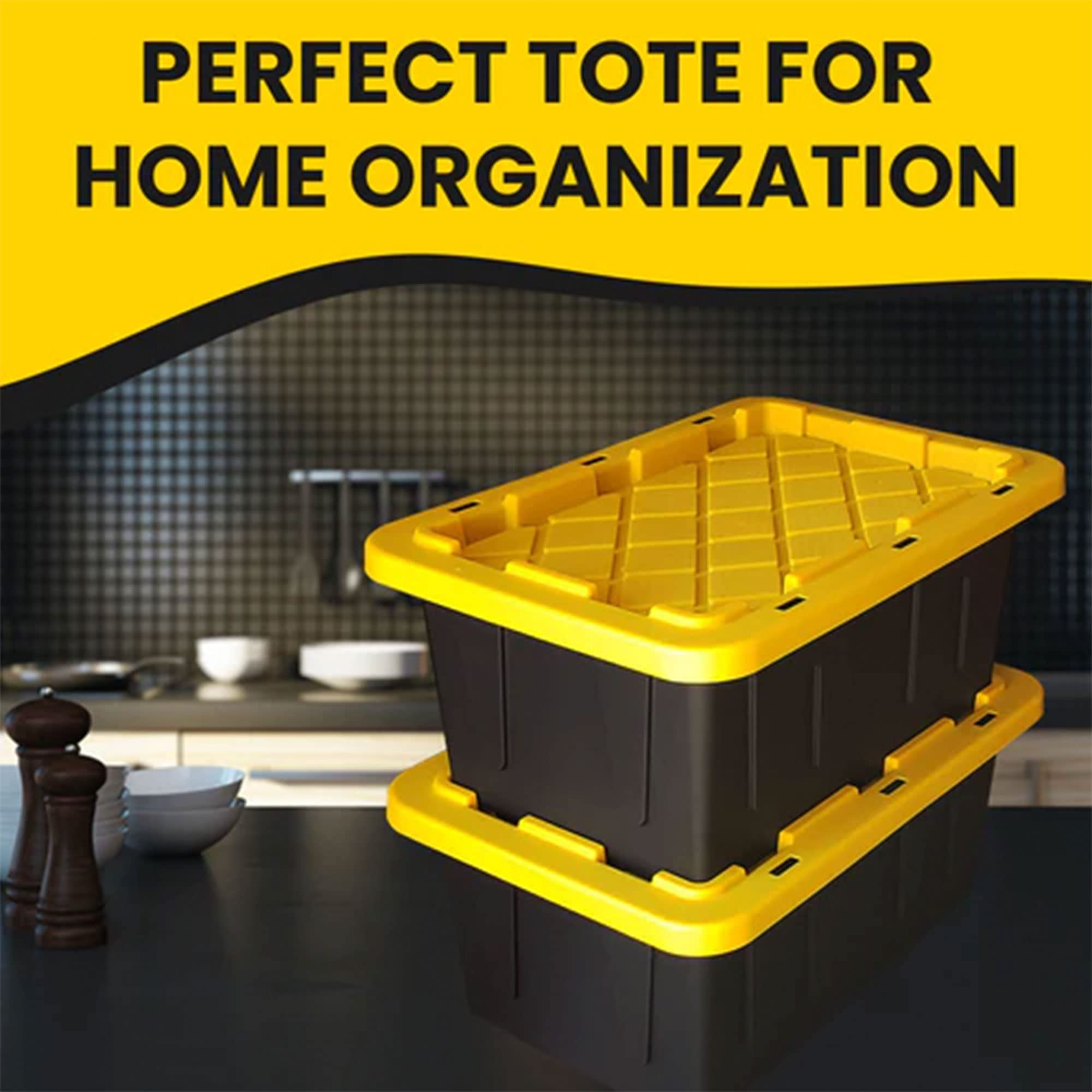Juggernaut Storage 4-Pack 5 Gallon Plastic Tote Bins with Lids - Heavy Duty Stackable Organizer Containers for Home, Garage, Office & Warehouse Organization (Black/Yellow)
