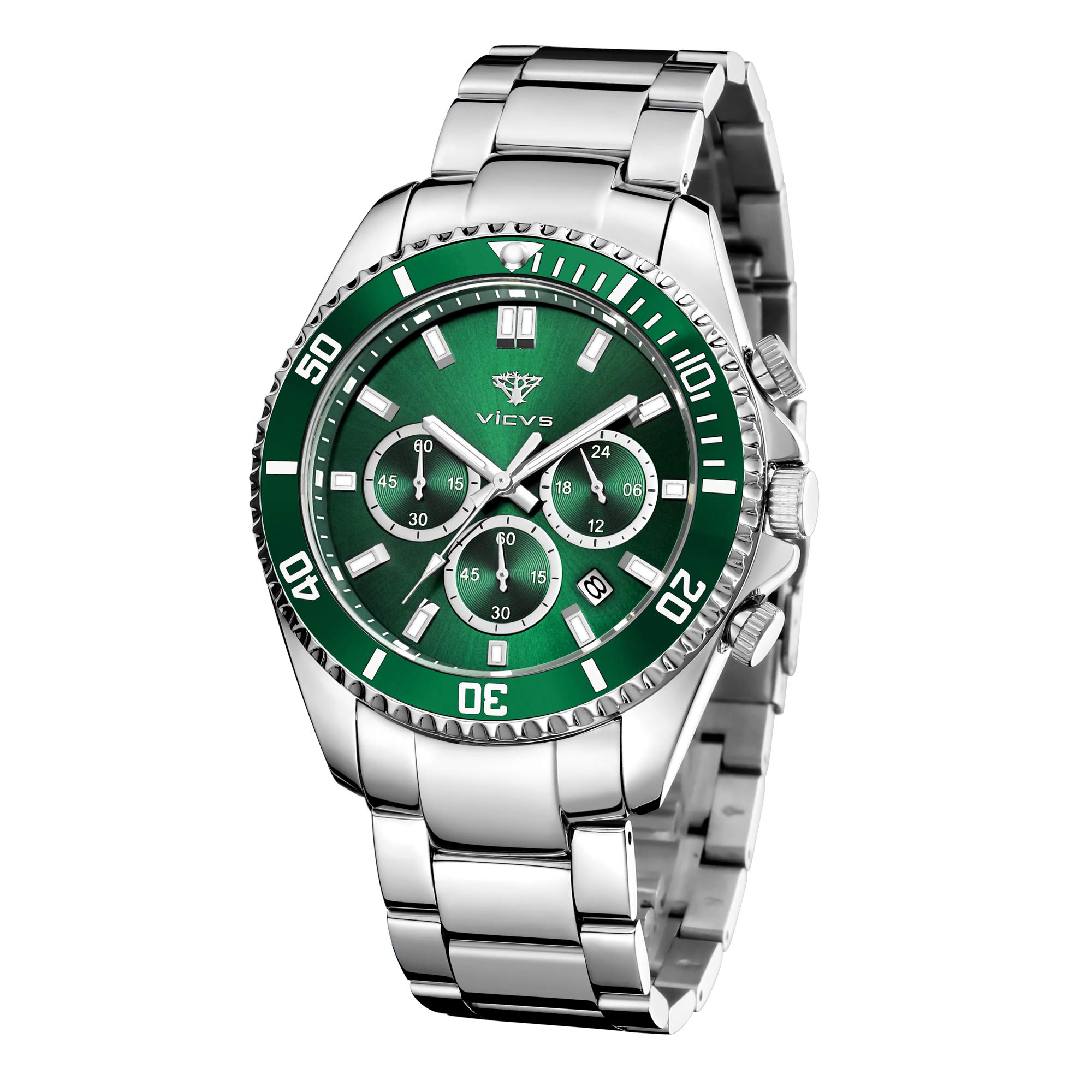 VICVS Men's Stainless Steel Luminous Chronograph Watch - Large Analog Dial, Waterproof, Date Display - Perfect for Business, Casual & Outdoor Activities