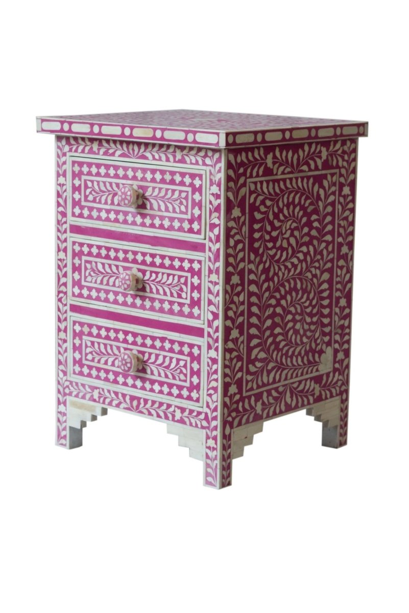 Handmade Bone Inlay Nightstand with Floral Pattern - Pink 3-Drawer Bedside Table for Bedroom Decor & Storage | Perfect for Master Bedroom, Guest Room, or Nursery