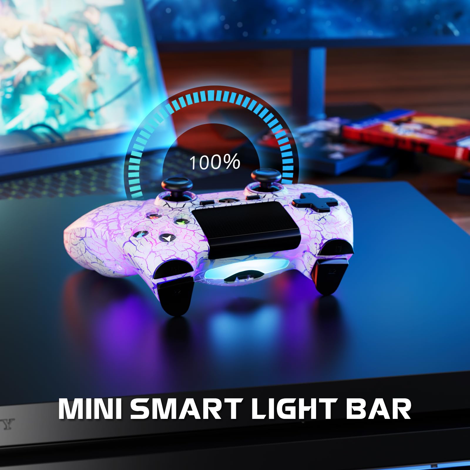 Wireless PS4 Controller with LED Backlit, 1000mAh Rechargeable Battery, Dual Shock & 6-Axis Motion Sensor, Built-in Speaker & 3.5mm Jack - Adjustable RGB Lighting (White) - Perfect for Gaming, Streaming & Late-Night Play Sessions