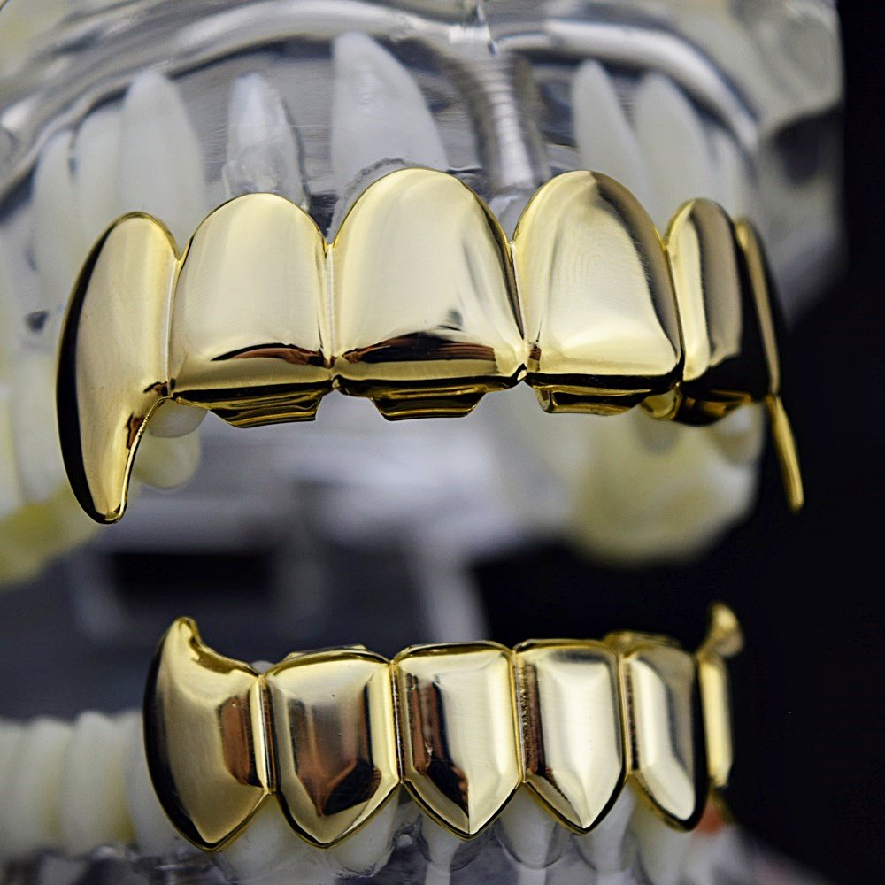 14K Gold Plated Vampire Fang Grillz Set - Top & Bottom Hip Hop Teeth Jewelry for Rappers & Halloween Costumes