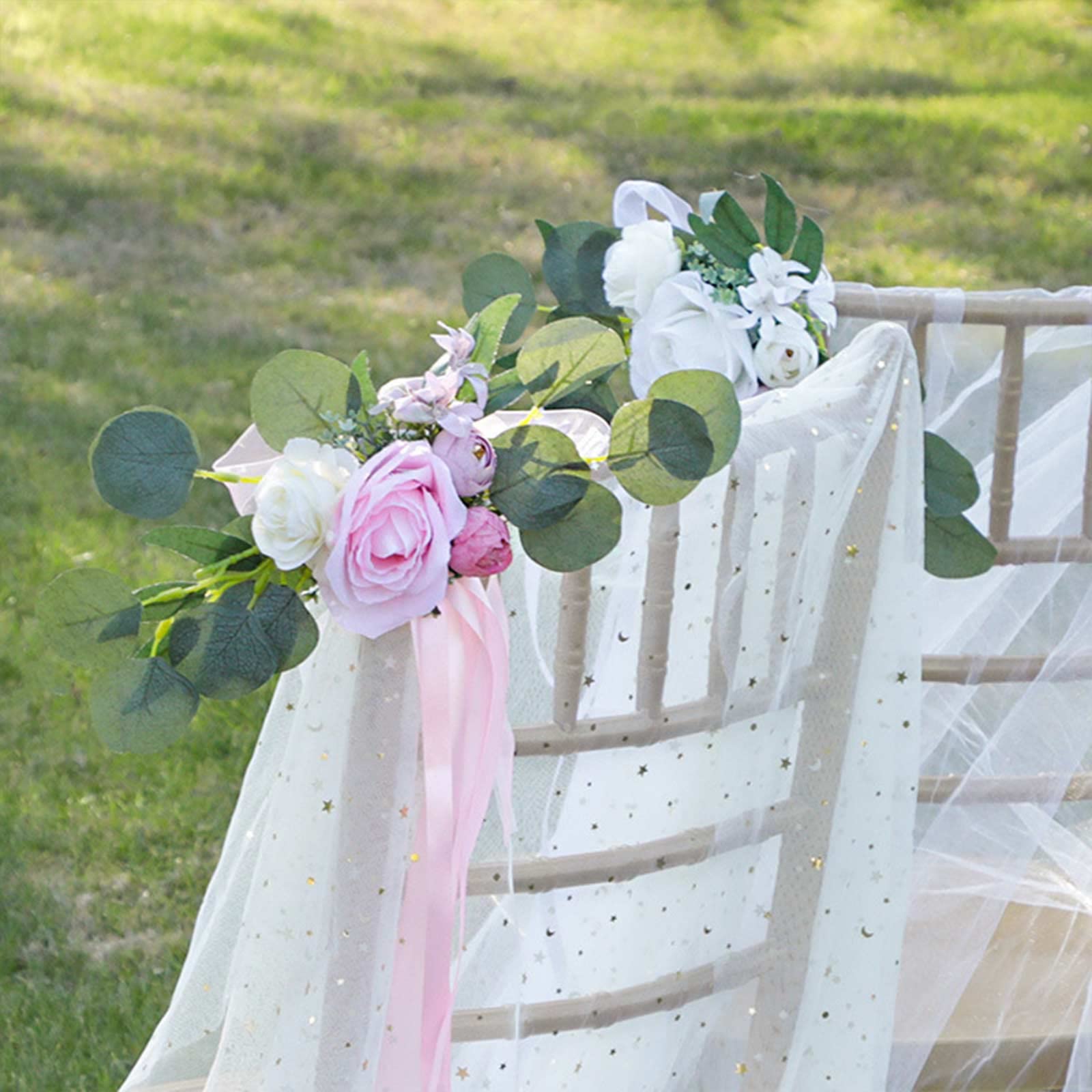 6 Pack Artificial Flower Arrangements for Wedding Chair Back Decor - Handmade Silk Bridal Bouquets with Eucalyptus Ribbons - Perfect for Wedding Aisle, Ceremony, Reception & Party Decorations