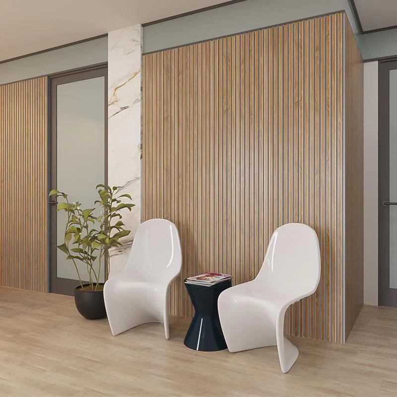 WOODFLEX Flexible Acoustic Wood Slat Panel - 3 Sided Oak Veneer on Light Grey - 2700mm x 600mm - Soundproof Wall Panels for Home Theater, Office & Studio Decoration