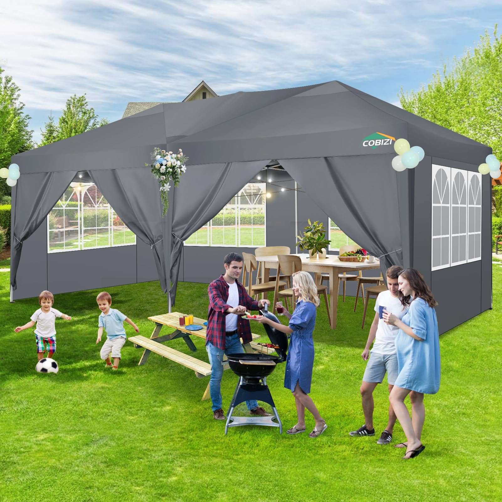 COBIZI 10x20 Pop Up Canopy Tent with 6 Sidewalls - Waterproof Instant Shelter for Outdoor Events, Beach Camping & Commercial Use | Portable Sun Shade Gazebo for Parties, Picnics & Tailgating (Grey, 10'x20')