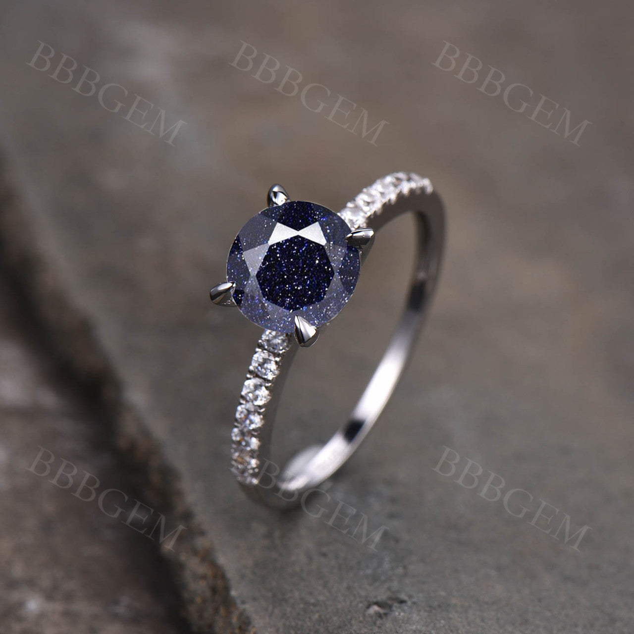 7mm Round Cut Blue Sandstone Engagement Ring - Half Eternity Diamond Wedding Band in 14K White Gold for Women - Perfect for Proposals, Anniversaries & Bridal Jewelry