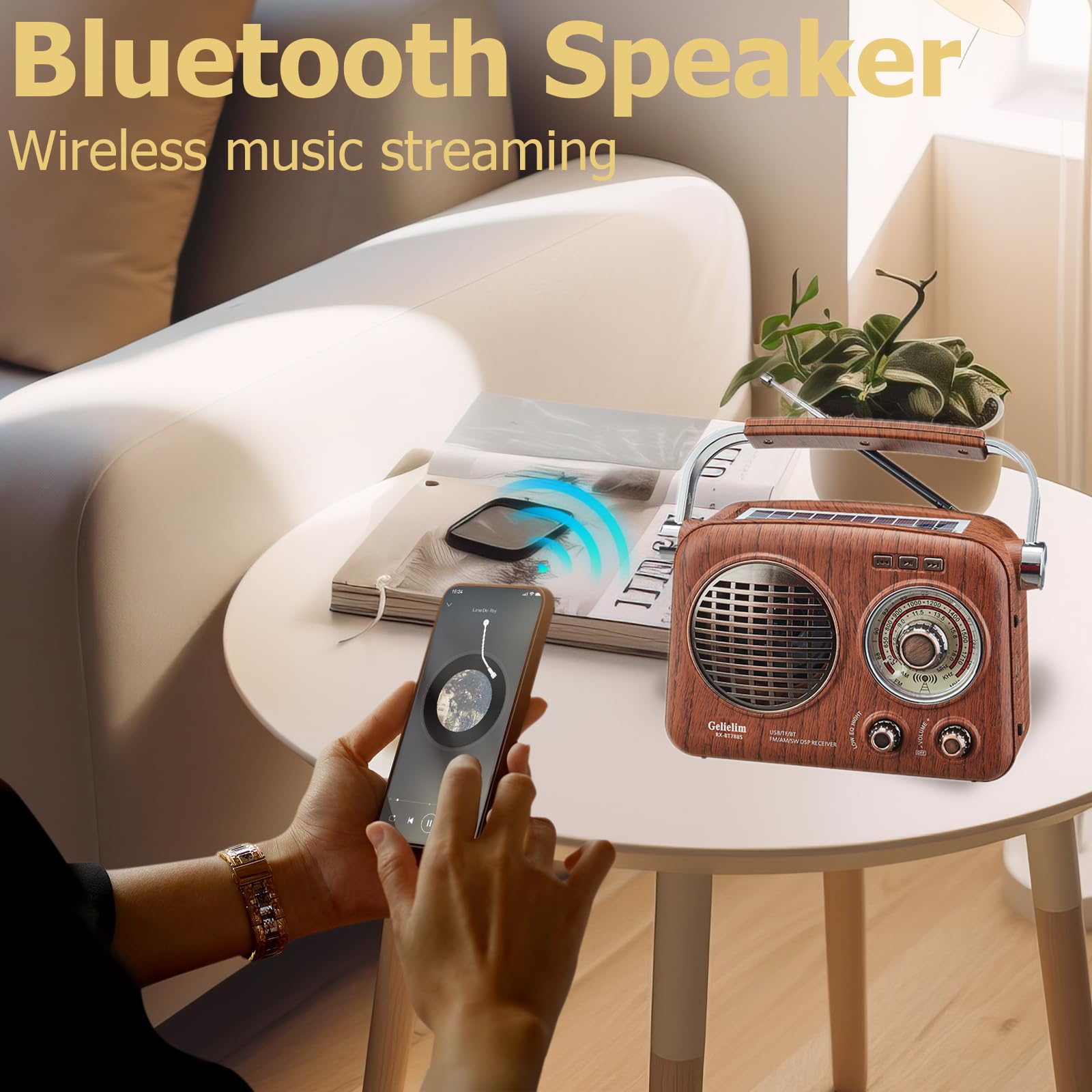 **Gelielim Portable AM/FM/Shortwave Radio with Bluetooth - Retro Rechargeable Battery Operated Radio with Crystal Clear Sound, Solar Panel & Flashlight - Perfect Gift for Seniors, Camping, Emergencies & Outdoor Adventures**