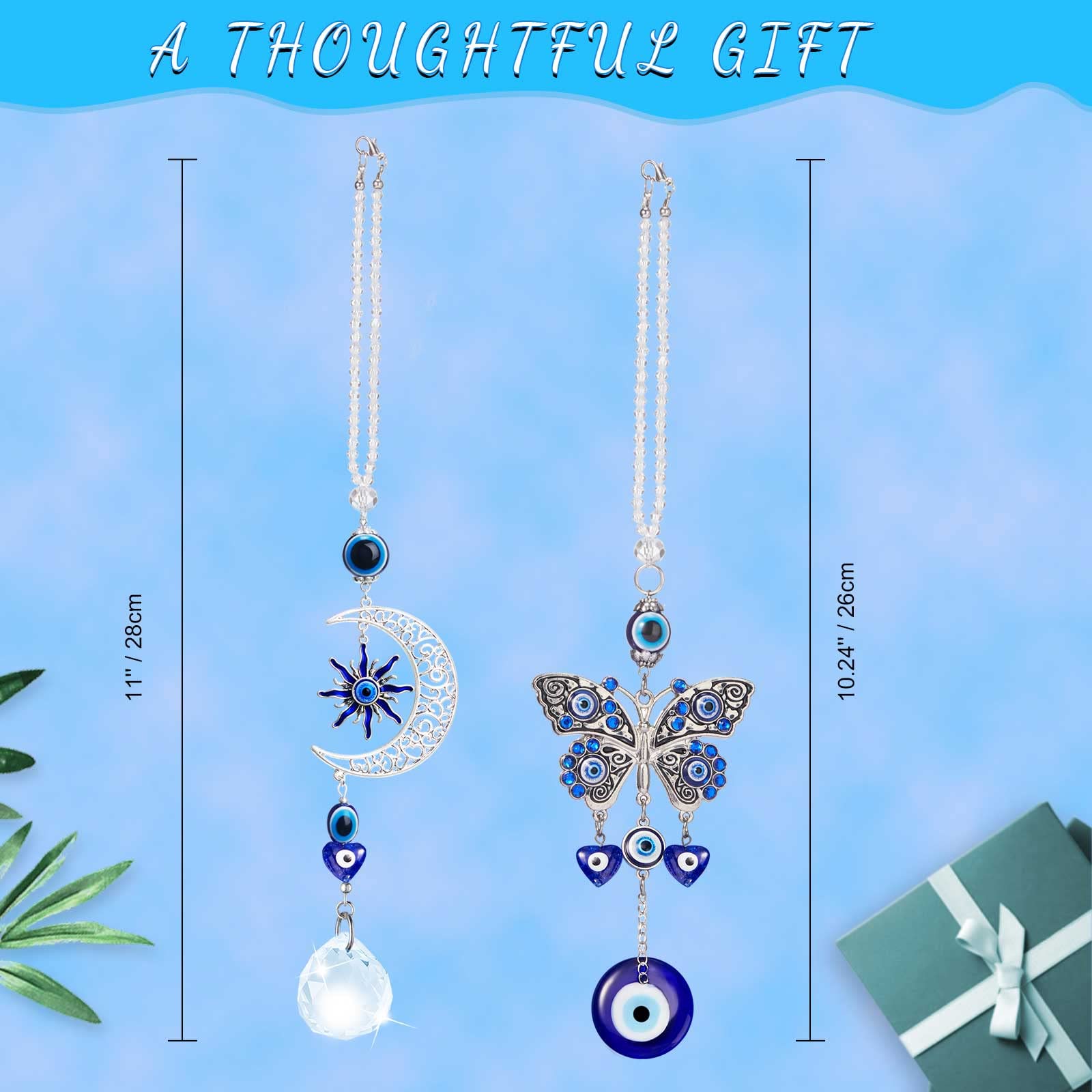 2 Pack Evil Eye Car Hanging Ornament - Blue Evil Eye Protection Charm for Rearview Mirror, Stylish Moon & Butterfly Car Pendant Decor - Perfect for Car Windows, Home Doors & Good Luck Gift