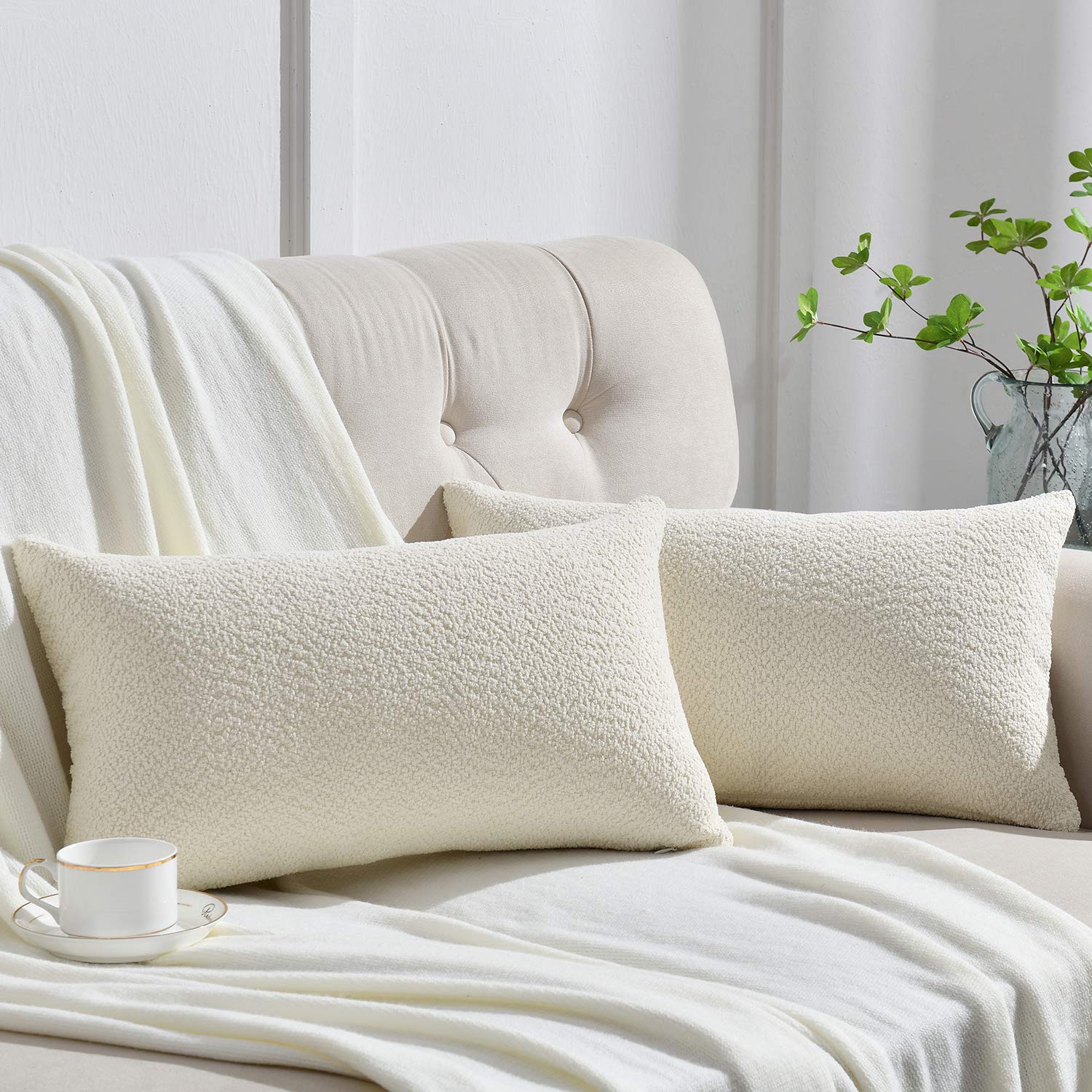 2 Pack Soft Textured Decorative Throw Pillow Covers 12x20 Inches - Elegant Lumbar Pillow Cases for Sofa, Bed & Living Room - Ivory Home Decor for Cozy Comfort & Stylish Interior Design