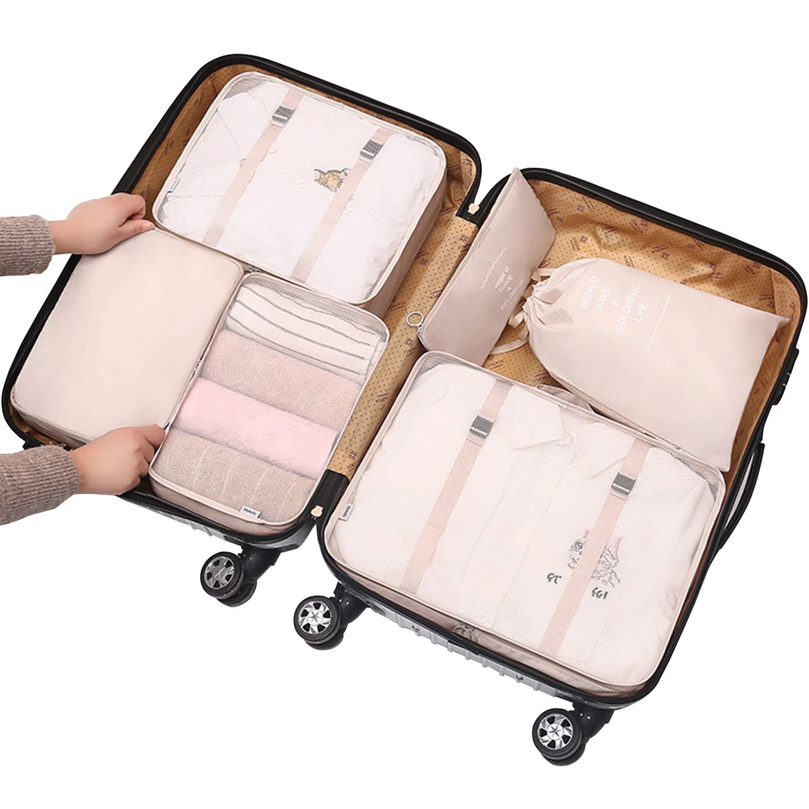 6-Piece Travel Luggage Organizer Set with Laundry Bag & Shoe Bag - Beige Packing Cubes for Clothes, Shoes & Lingerie | Perfect for Vacation, Business Trips & Weekend Getaways