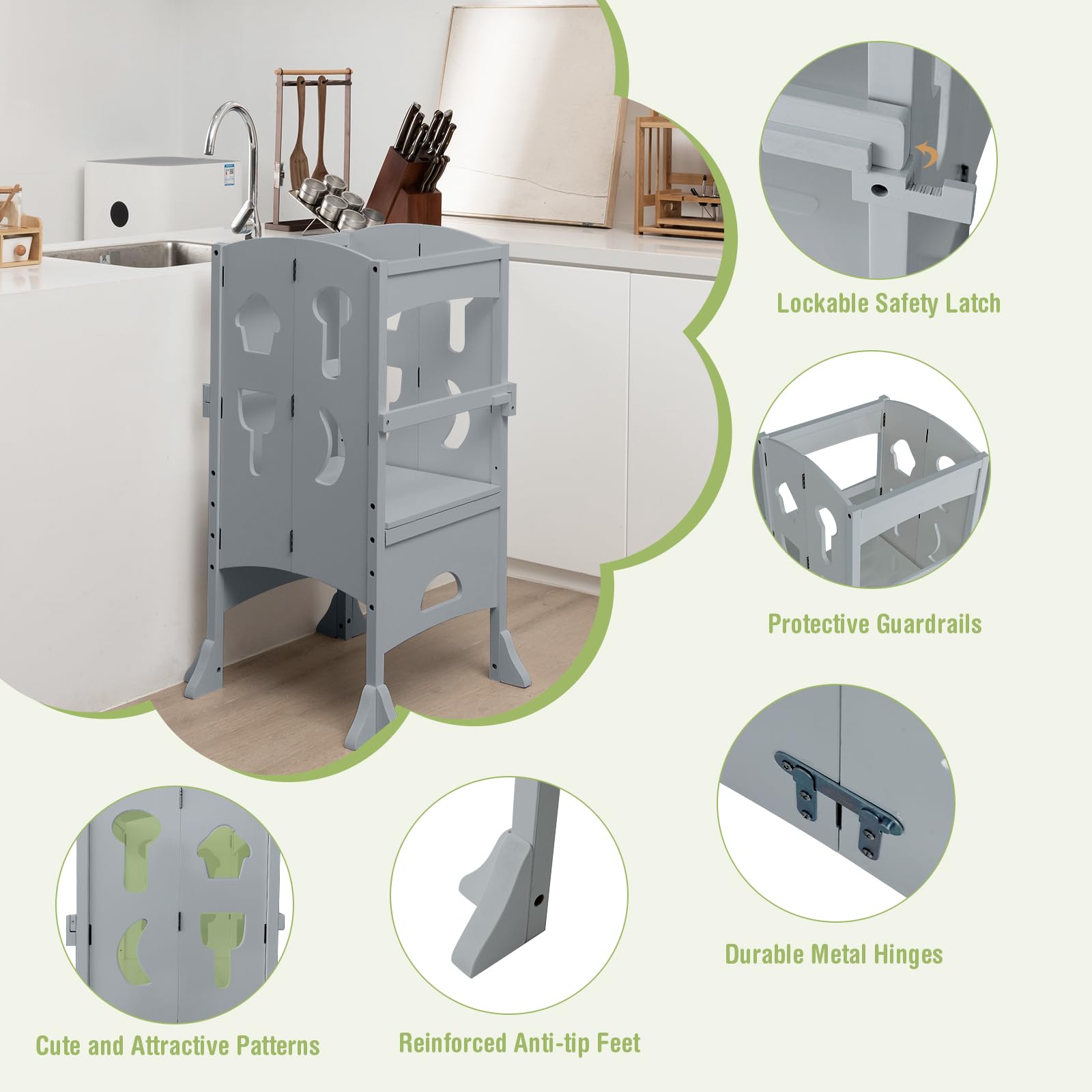 HONEY JOY Foldable Wooden Kitchen Step Stool for Toddlers & Kids with Safety Rail - Montessori Learning Tower for Kitchen Counter - Gray - Perfect for Cooking, Baking & Learning Independence
