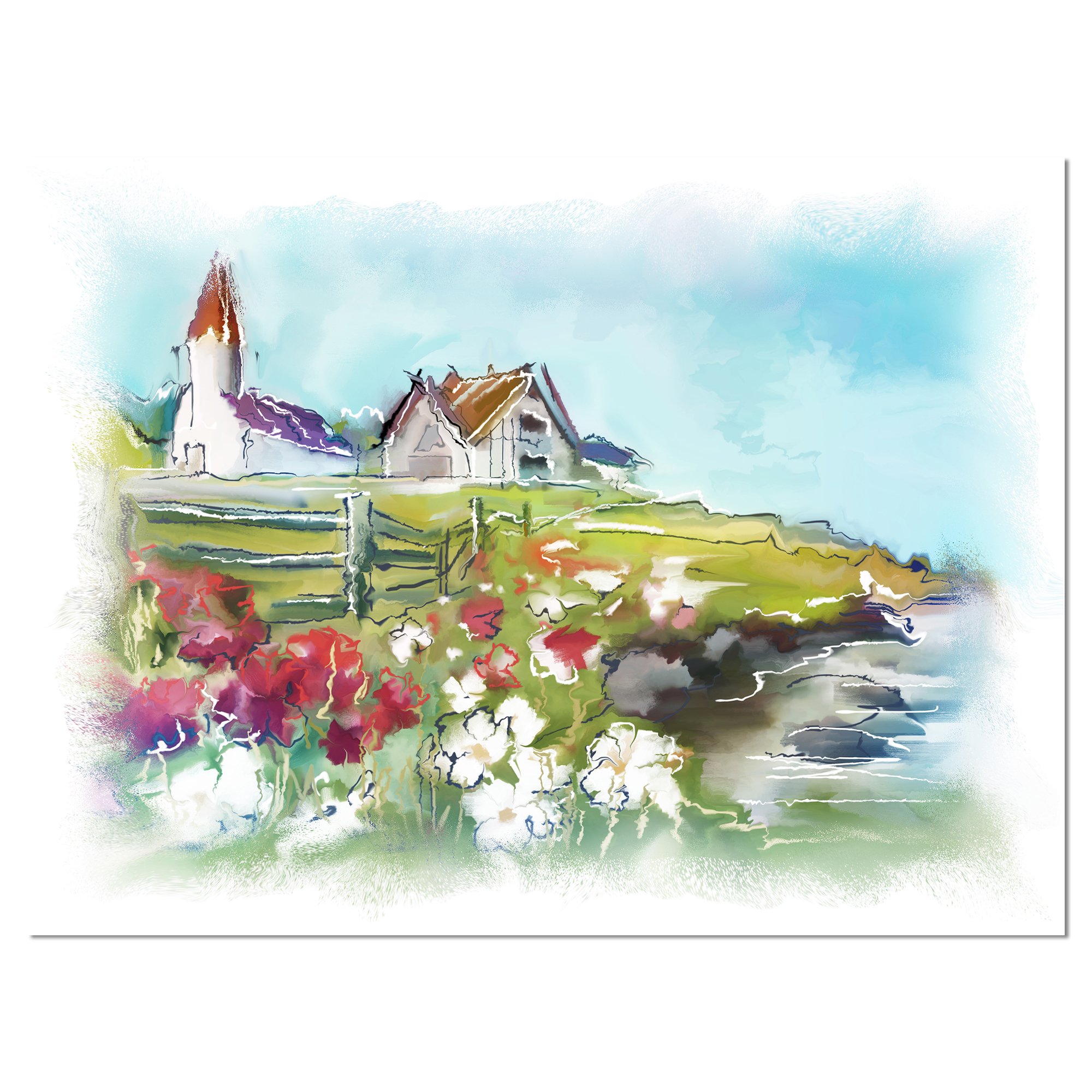 Green Meadow Landscape Painting - Buildings in Nature Canvas Print Wall Art for Living Room, Bedroom & Office Decor