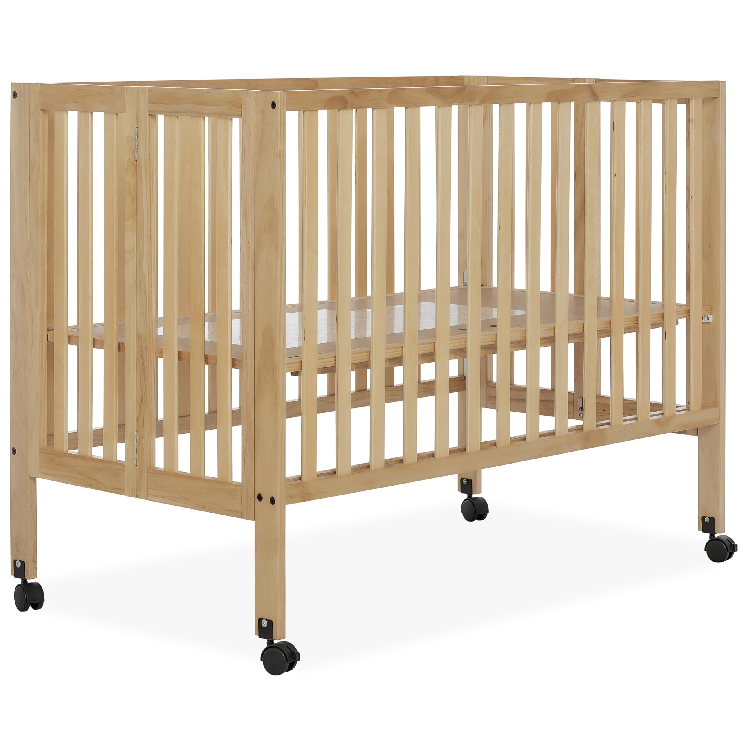 Dream On Me Quinn Full-Size Folding Crib - Natural Wood Portable Baby Crib with Removable Wheels, Adjustable Mattress Support & Patented Folding System | Modern Nursery Furniture for Home, Travel & Daycare Use