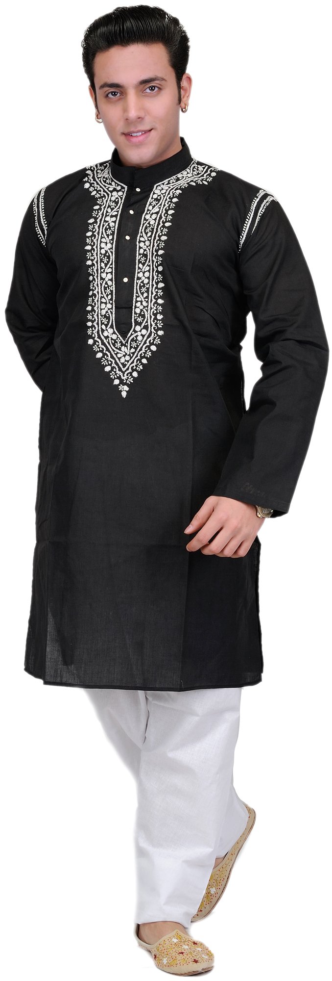 Stylish Black Kurta Pajama Set with Lucknavi Neck Embroidery | Traditional Indian Ethnic Wear for Men | Perfect for Weddings, Festivals & Cultural Events