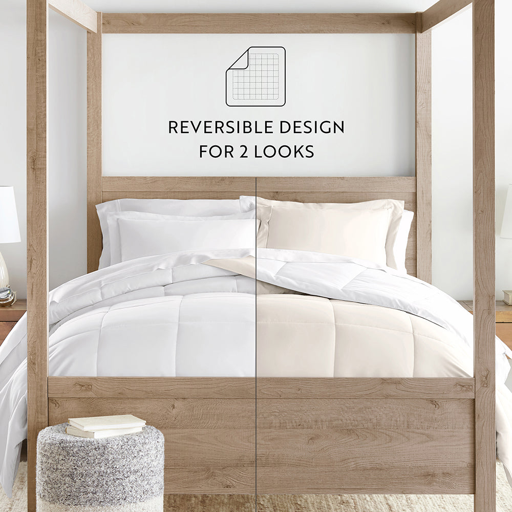 Reversible Down Alternative Comforter Set - All-Season Hypoallergenic Bedding - Queen Size White Comforter for Bedroom, Guest Room & Dorm | Machine Washable